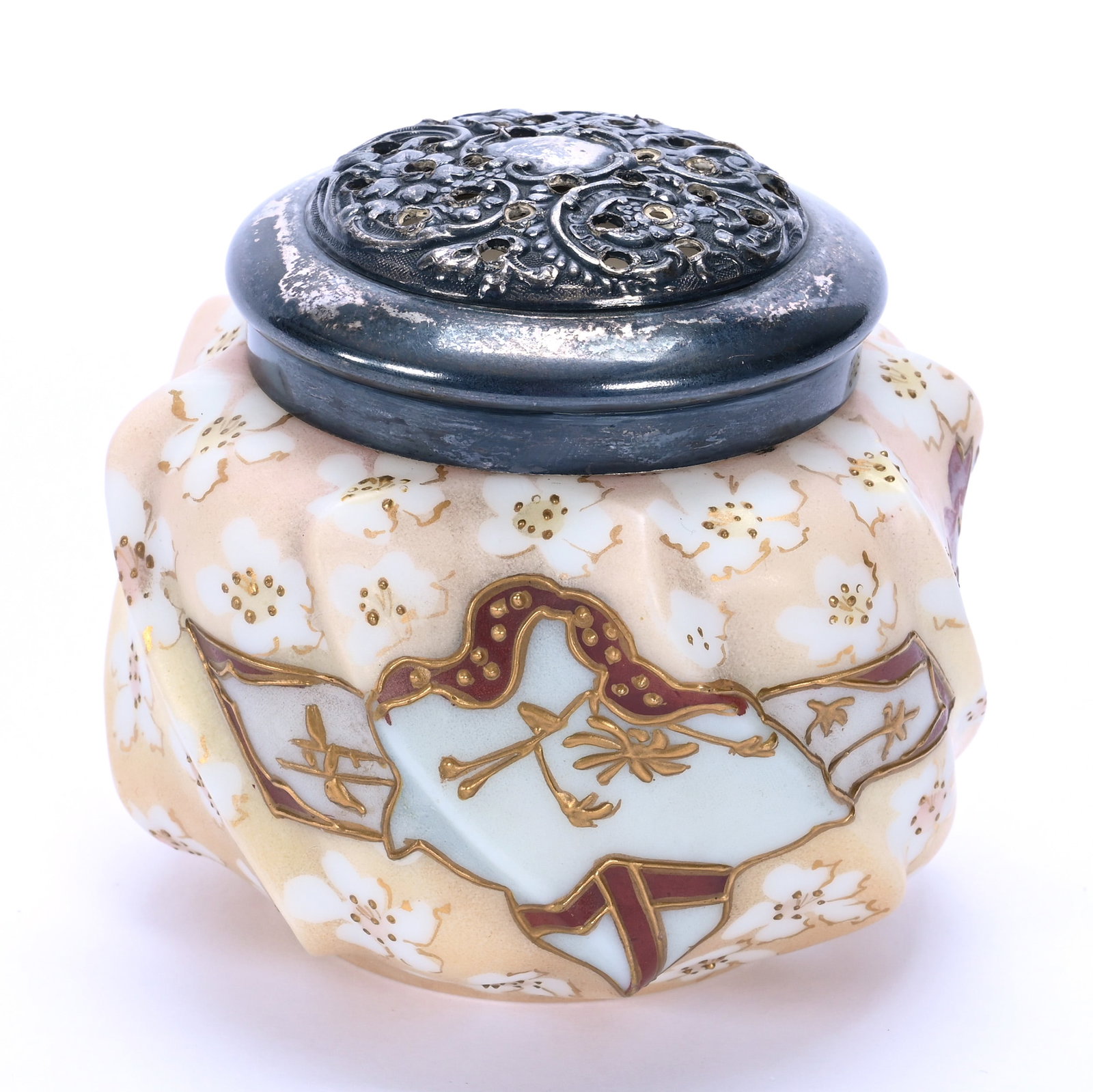 Sugar Shaker, Unmarked Mt. Washington, Swirl Mold: Sugar Shaker, Unmarked Mt. Washington, Swirl Mold, 3 x 3.25 x 3.25 Inches, Pink And Yellow Ground With White Blossom And Colorful Enamel Decor, Silverplate Top, 0.4 Pounds, John And Doris Carty