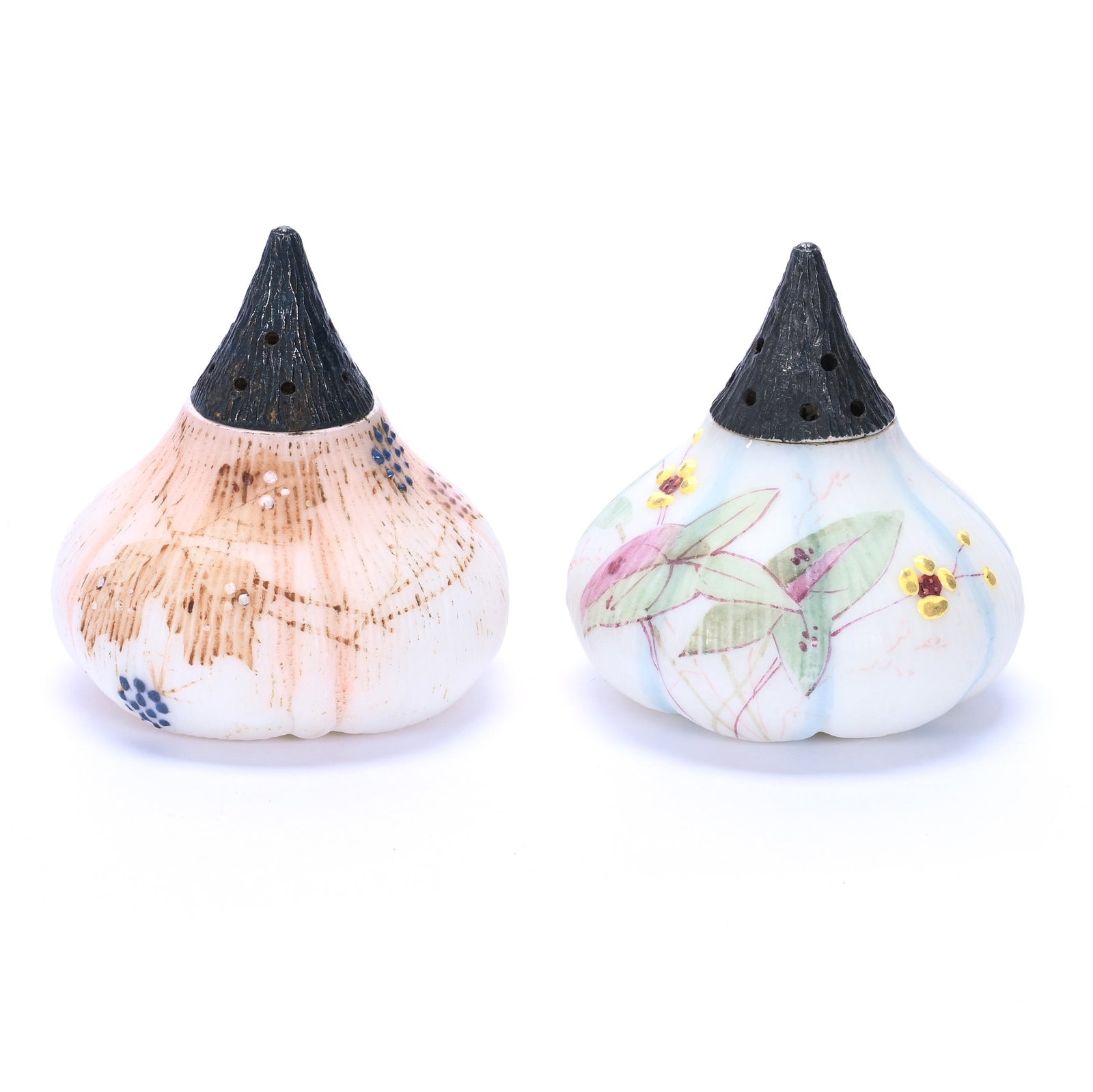 Salt And Pepper Shakers, Unmarked Mt. Washington, Fig Shaped: Salt And Pepper Shakers, Unmarked Mt. Washington, Fig Shaped, 2.5 x 2.5 x 2.5 Inches, (1) Blue And White, (1) Pink And White, Various Enamel Floral Decor, 0.4 Pounds, John And Doris Carty Estate