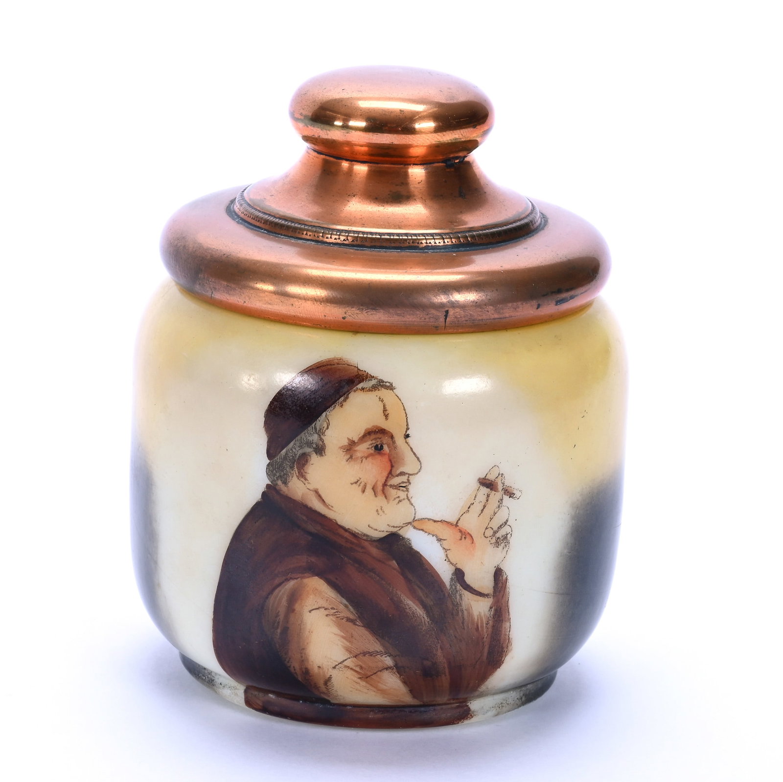 Small Humidor, Unmarked Opalware: Small Humidor, Unmarked Opalware, 4.25 x 3.25 x 3.25 Inches, Yellow And Black With Smoking Monk Portrait, Copper Colored Lid, Rim Chip, 0.5 Pounds, John And Doris Carty Estate Collection, IA,
