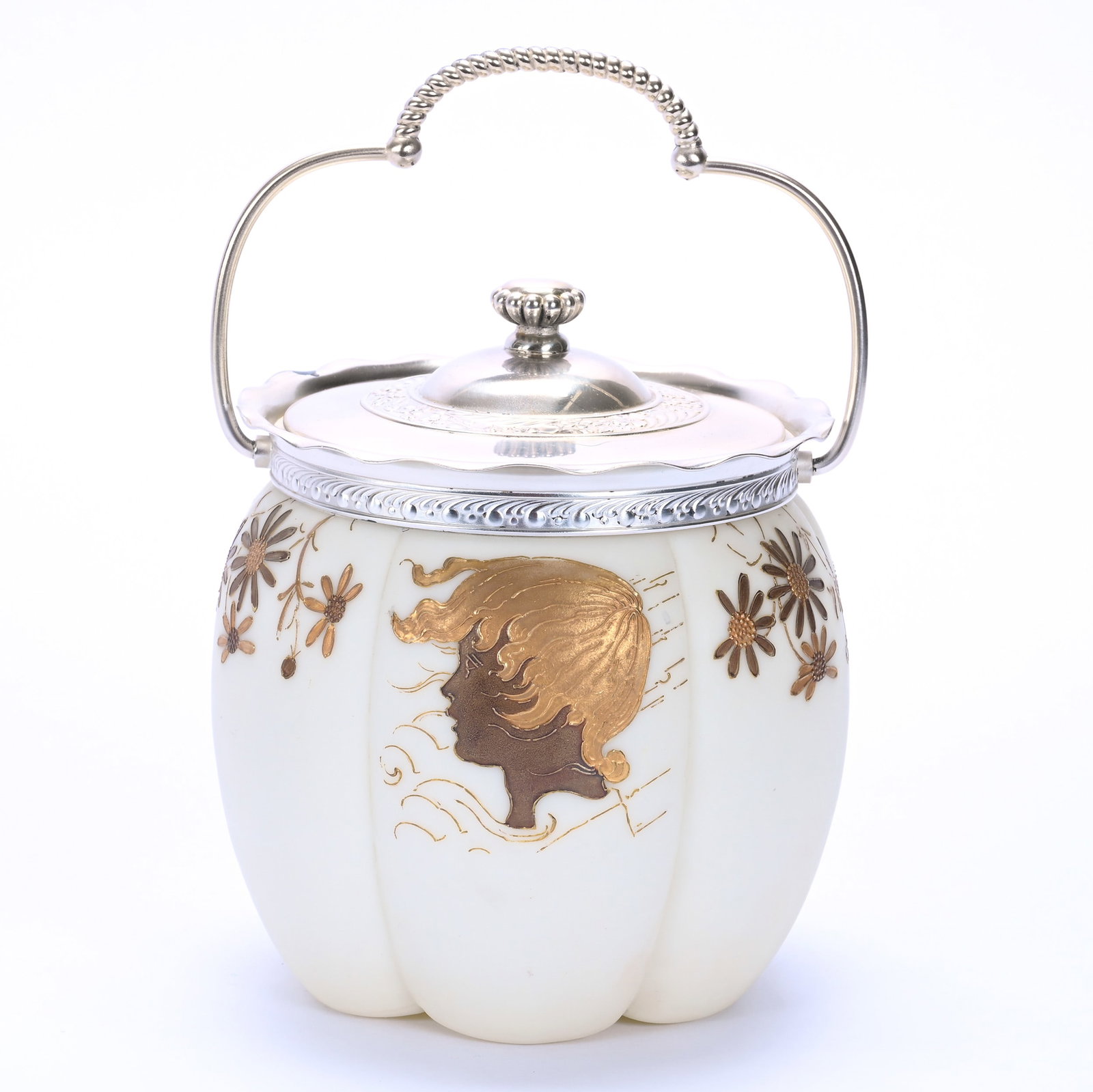 Biscuit Jar, Unmarked Mt. Washington: Biscuit Jar, Unmarked Mt. Washington, 6.75 x 6 x 6 Inches, Creamy White Background With Two Tone Gold Silhouette And Blossom Decor, Silverplate Lid And Bail, 2.3 Pounds, John And Doris Carty Estate