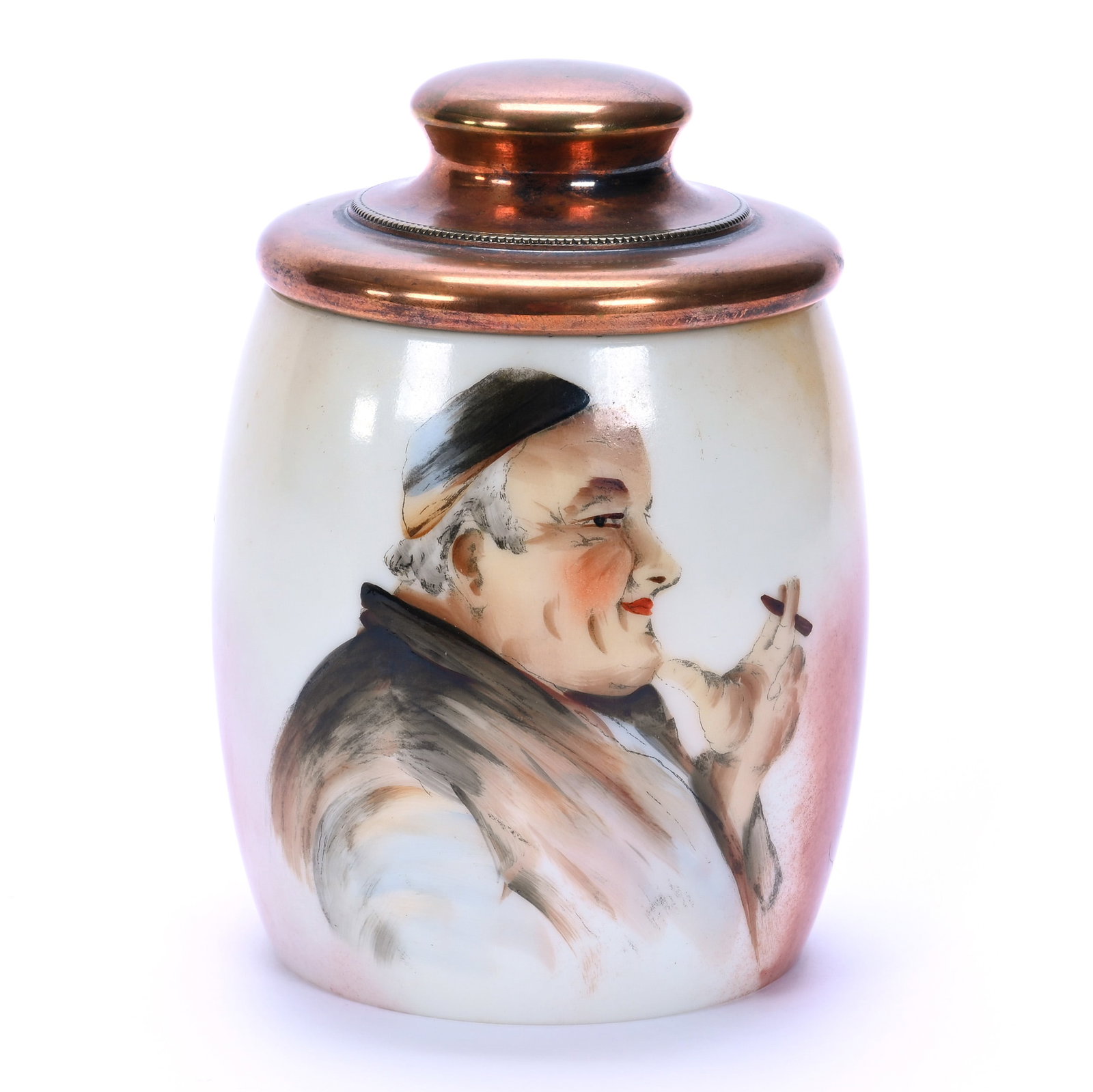 Humidor, Unmarked Opalware: Humidor, Unmarked Opalware, 6.5 x 4.75 x 4.75 Inches, Brown, Cream, And Yellow Tones With Smoking Monk Portrait, Copper Colored Lid, 1.5 Pounds, John And Doris Carty Estate Collection, IA, Effective