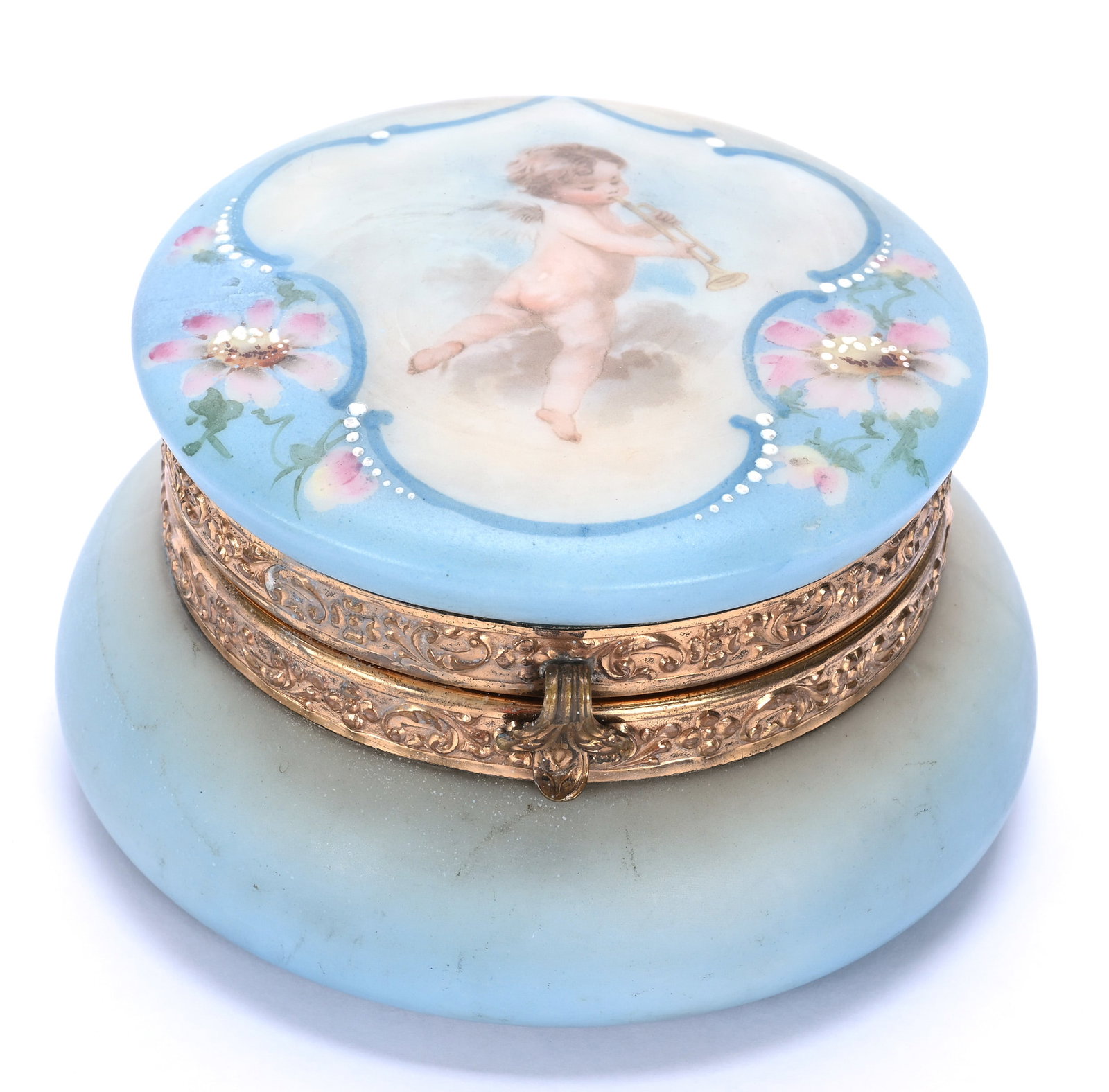 Jewel Box, Marked Nakara: Jewel Box, Marked Nakara, 4.5 x 4.5 x 2.5 Inches, Blue And Cream Tones With Scene Of Cherub Playing Trumpet, Original Lining, 0.9 Pounds, John And Doris Carty Estate Collection, IA, Effective 6/6/26,