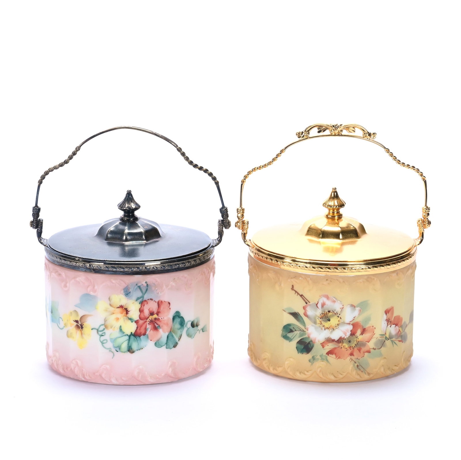 (2) Biscuit Jars, Unmarked Mt. Washington, Panel And Scroll Mold: (2) Biscuit Jars, Unmarked Mt. Washington, Panel And Scroll Mold, 6 x 5.75 x 5.75 Inches, (1) Yellow And Brown Opalware, (1) Pink And White Opalware, Both With Floral Decor, (1) With Silverplate Lid