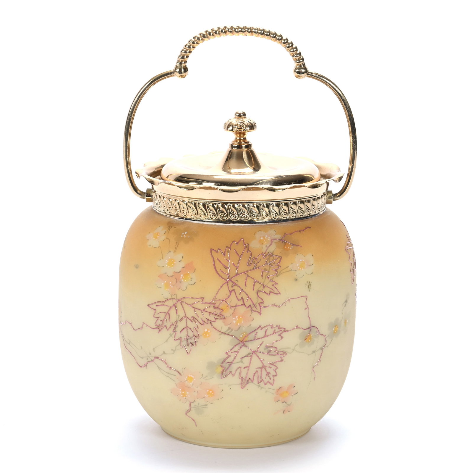 Biscuit Jar, Unmarked Mt. Washington Burmese Art Glass: Biscuit Jar, Unmarked Mt. Washington Burmese Art Glass, 7.25 x 5.25 x 5.25 Inches, Enamel Blossom, Leaf, And Branch Decor, Gilt Silverplate Lid And Bail, 2 Pounds, John And Doris Carty Estate Collecti