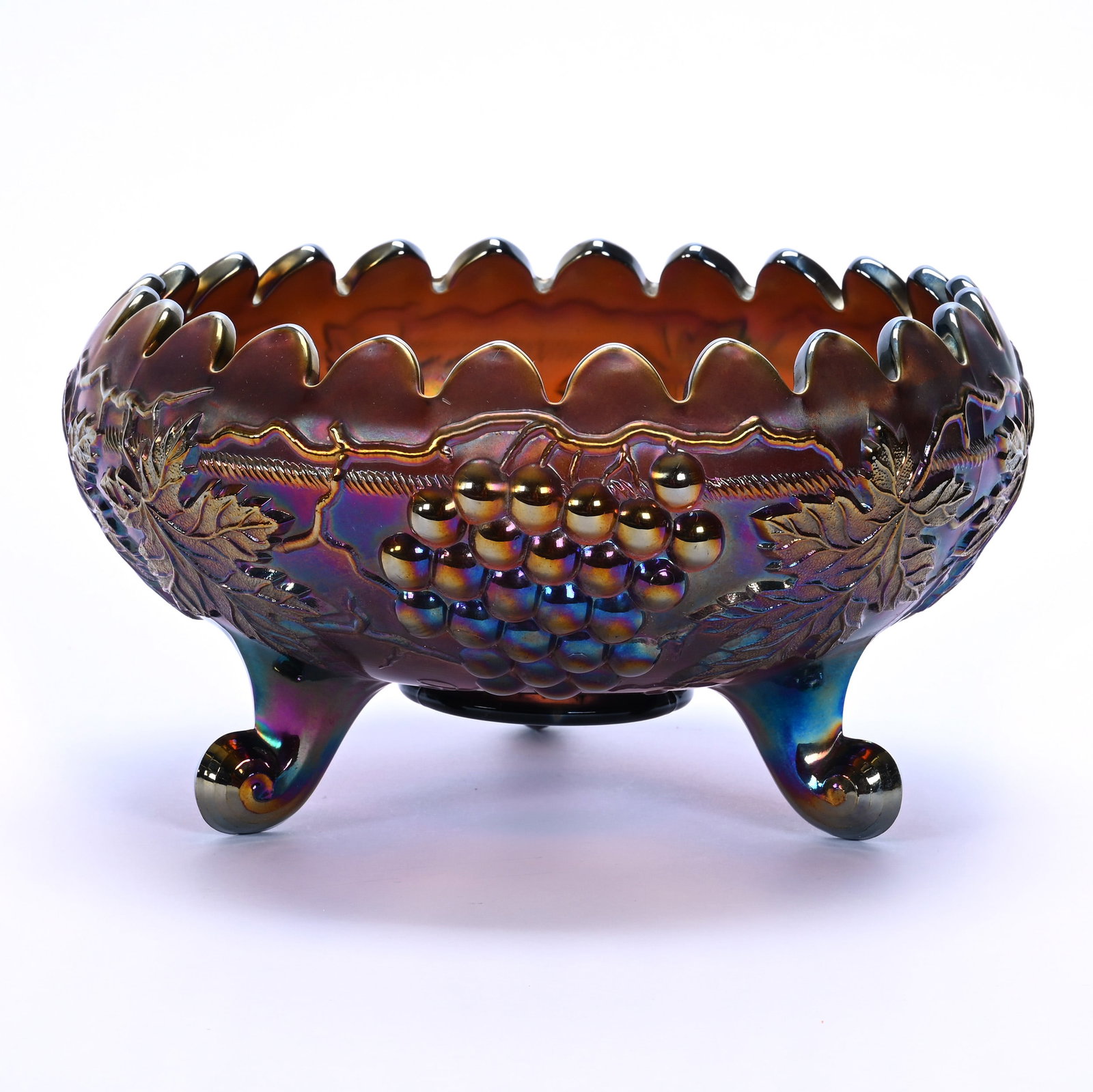 Rolled Rim Bowl, Carnival Glass Grape And Cable Pattern By Northwood, Amethyst: Rolled Rim Bowl, Carnival Glass Grape And Cable Pattern By Northwood, Amethyst, 9.25 x 9.25 x 5 Inches, , 3.4 Pounds, John And Doris Carty Estate Collection, IA, Effective 6/6/26, All LiveAuctioneers