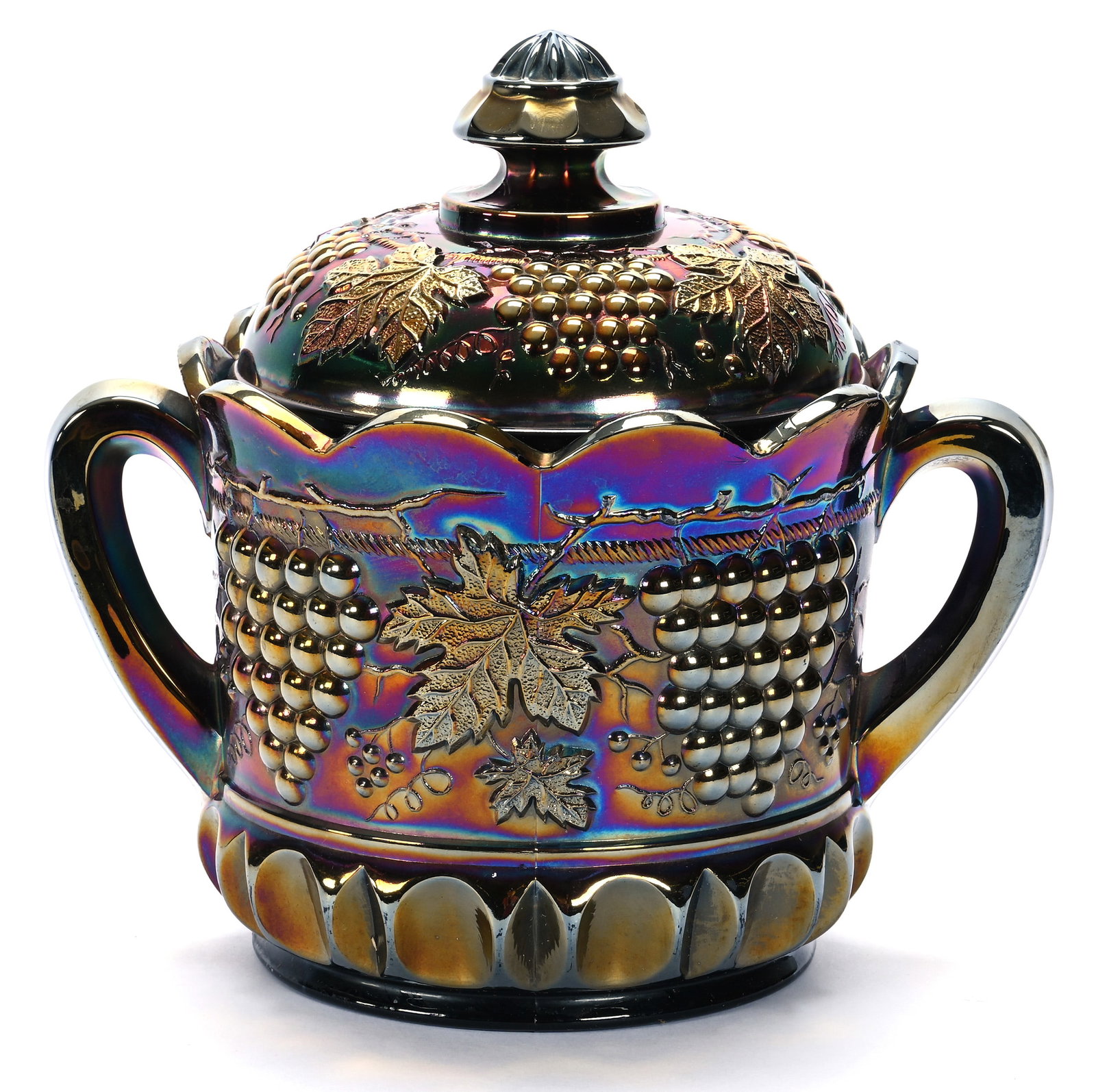 Two Handled Cracker Jar, Carnival Glass Grape And Cable Pattern By Northwood, Amethyst (1 of 3)