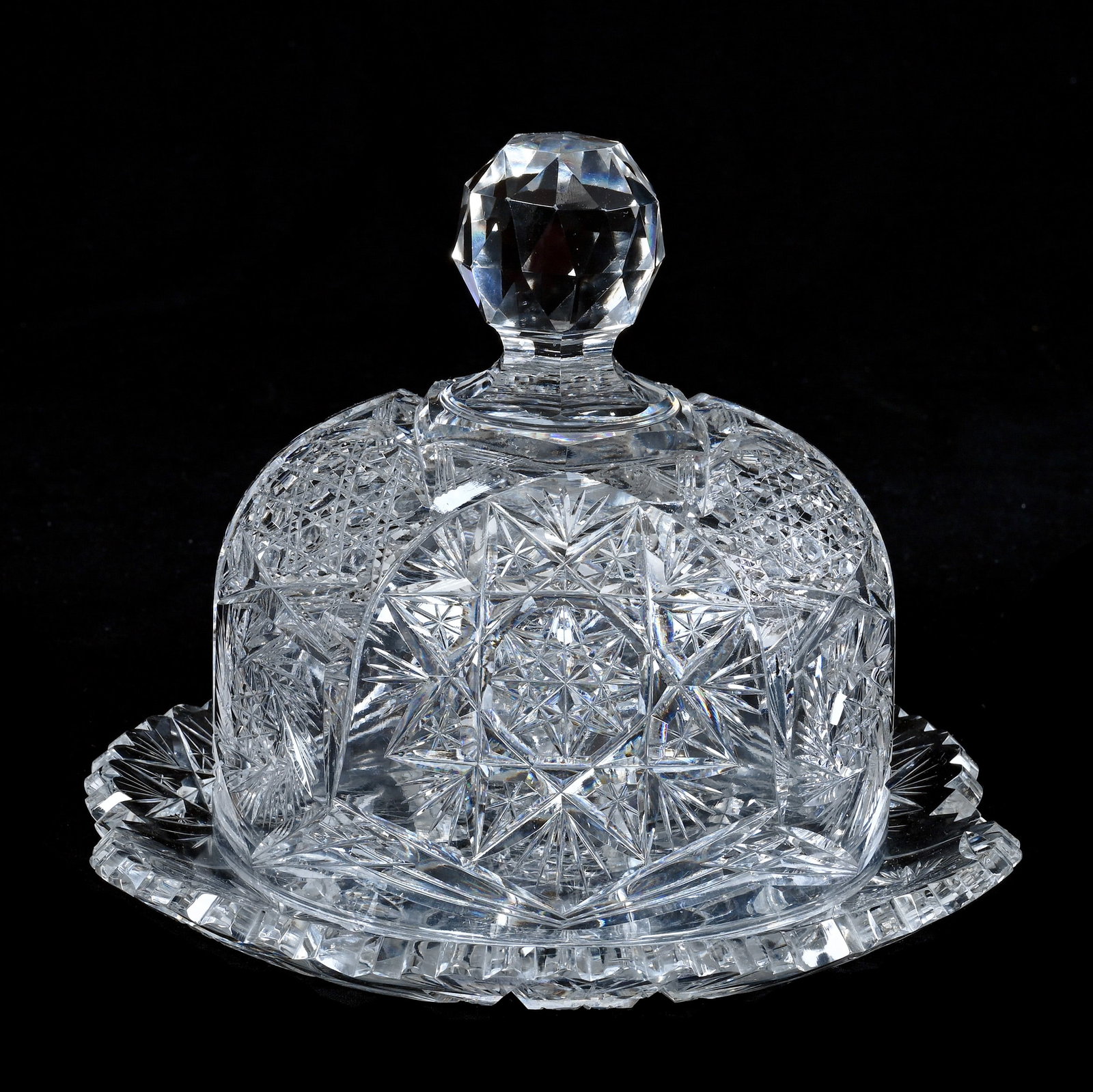 Covered Butter Dish, American Brilliant Cut Glass: Covered Butter Dish, American Brilliant Cut Glass, 7 x 8.75 x 8.75 Inches, Flashed Hobstar, Cane, And Pinwheel Motif, 6 Pounds, John And Doris Carty Estate Collection, IA, Effective 6/6/26, All LiveAu