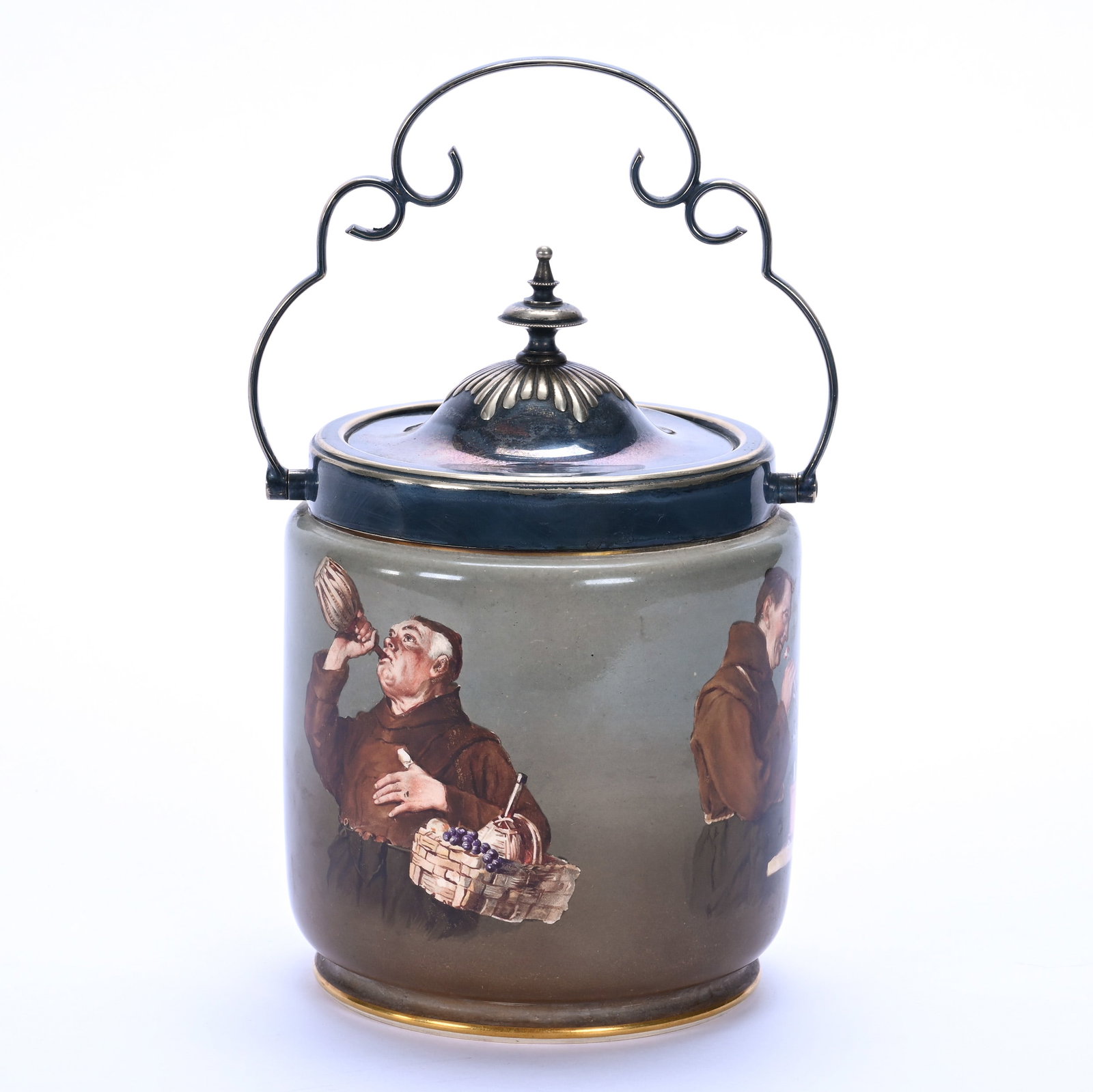 Biscuit Jar, Marked Taylor & Tunnicliffe Stoke On Trent #9629, Circa 1897 To 1898: Biscuit Jar, Marked Taylor & Tunnicliffe Stoke On Trent #9629, Circa 1897 To 1898, 7.75 x 5 x 5 Inches, Green And Brown Tones With Four Monks Doing Various Activities, Silverplate Lid And Bail, 1.8 Po