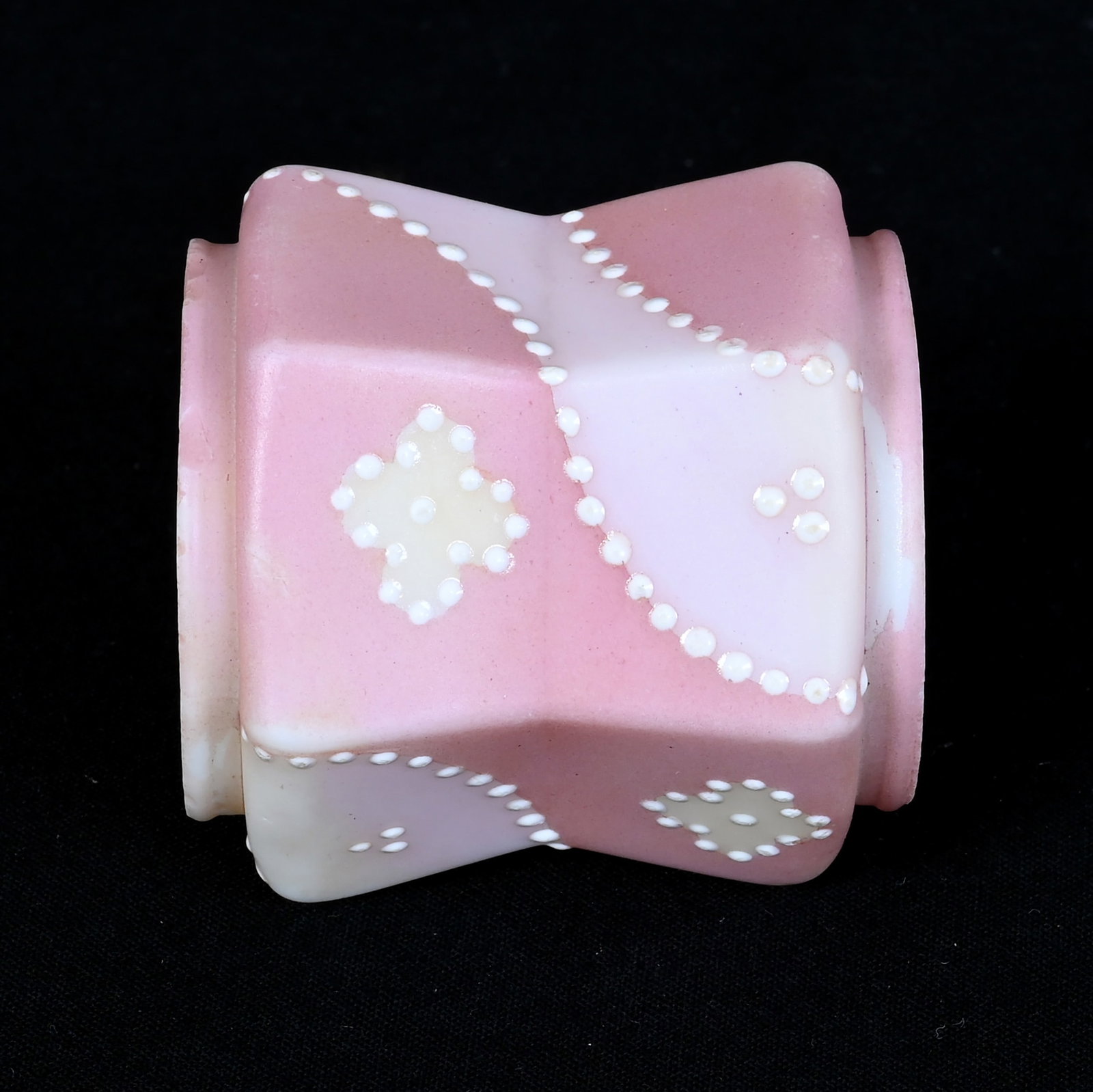 Napkin Ring Holder, Unmarked Nakara: Napkin Ring Holder, Unmarked Nakara, 2 x 2 x 2 Inches, Two-Toned Pink And Cream With Beaded White Enamel Highlights, 0.2 Pounds, John And Doris Carty Estate Collection, IA, Effective 6/6/26, All LiveA