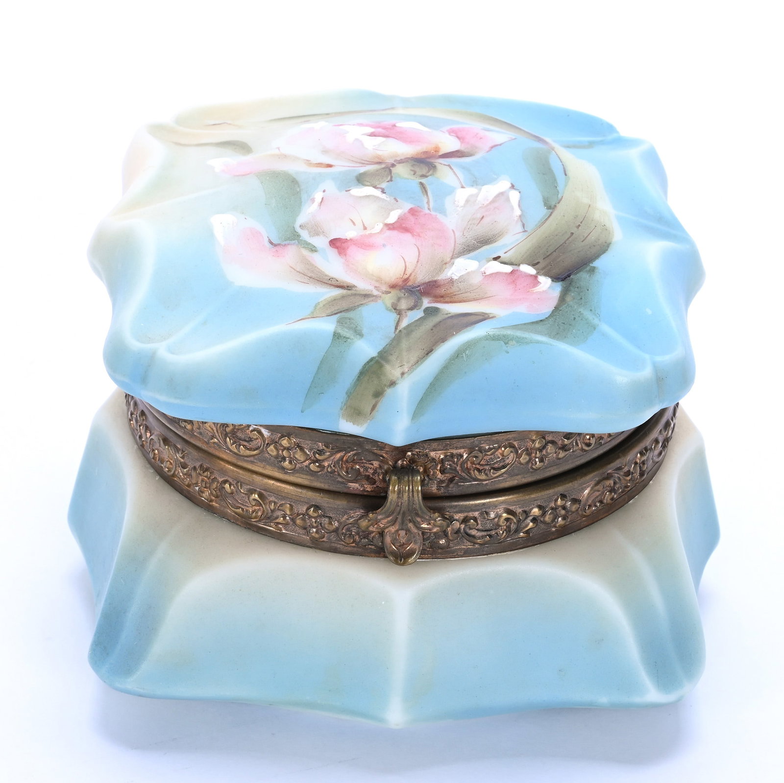 Square Jewel Box, Marked Nakara: Square Jewel Box, Marked Nakara, 4.25 x 4.25 x 3 Inches, Blue And Cream Tones With Pink Floral Decor, 1.3 Pounds, John And Doris Carty Estate Collection, IA, Effective 6/6/26, All LiveAuctioneers Invo