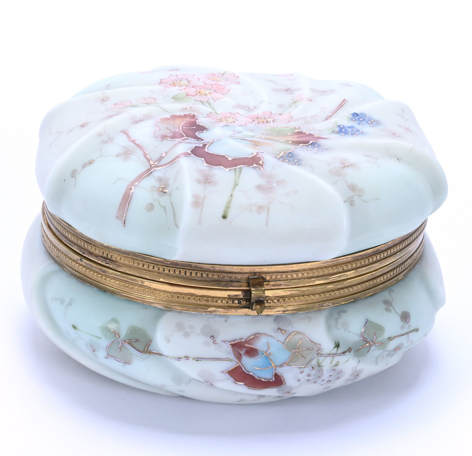 Dresser Box, Unmarked Wave Crest, Swirl Mold: Dresser Box, Unmarked Wave Crest, Swirl Mold, 7 x 7 x 4 Inches, Blue And White Tones With Branch, Blossom, And Leaf Decor, 2.5 Pounds, John And Doris Carty Estate Collection, IA, Effective 6/6/26, All