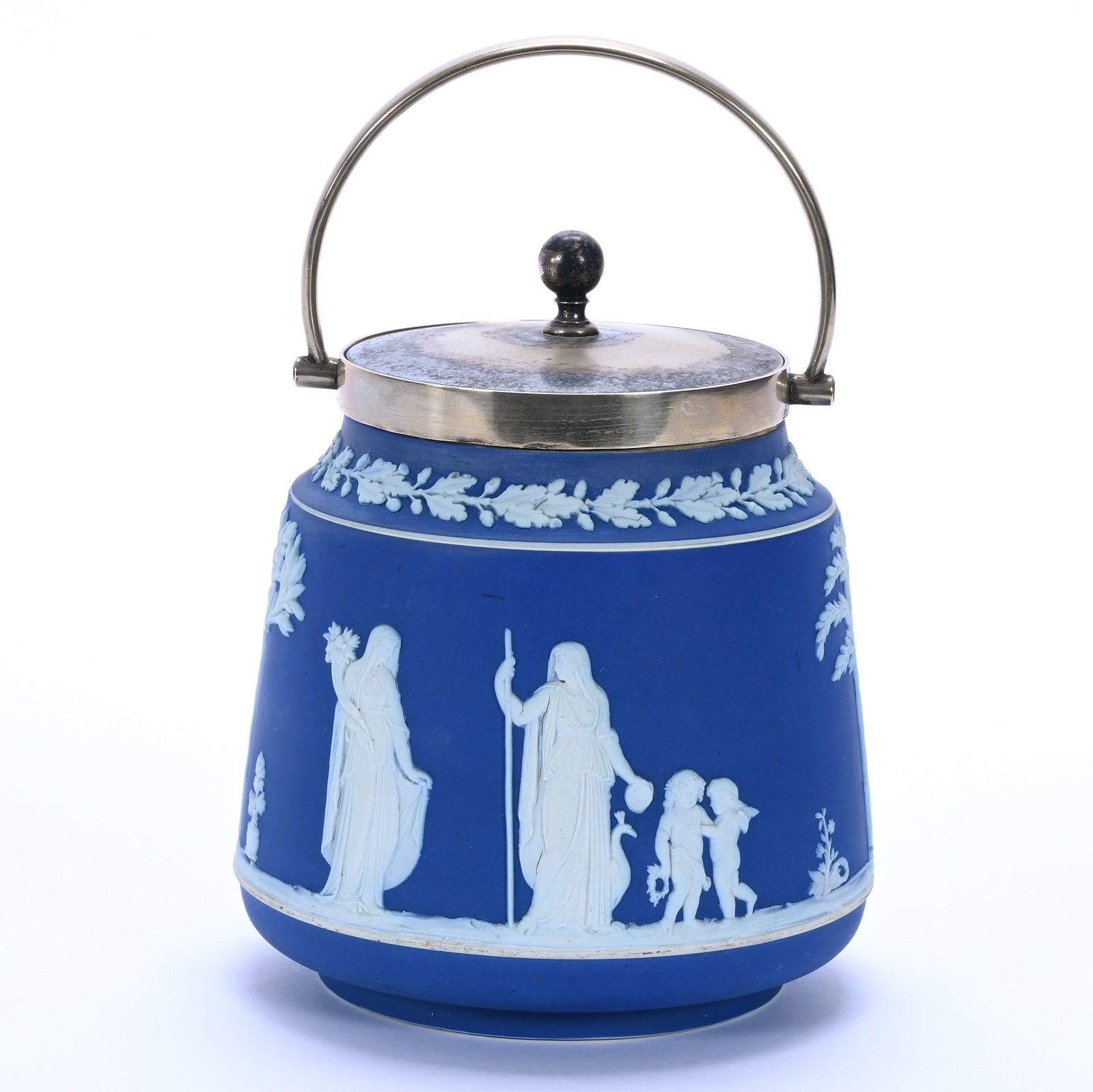 Biscuit Jar, Marked Wedgwood Jasperware: Biscuit Jar, Marked Wedgwood Jasperware, 6.75 x 5.5 x 5.5 Inches, Blue And White With Classic Scenic Relief, Silverplate Lid And Bail, 2 Pounds, John And Doris Carty Estate Collection, IA, Effective 6