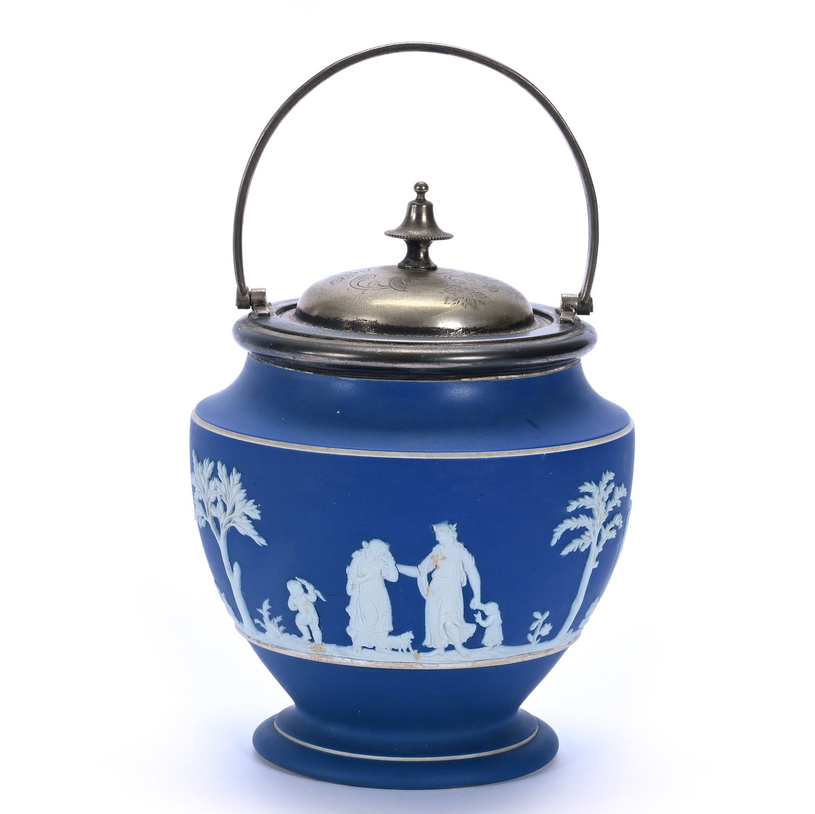 Biscuit Jar, Marked Wedgwood Jasperware: Biscuit Jar, Marked Wedgwood Jasperware, 7.5 x 5.75 x 5.75 Inches, Blue And White With Classic Scenic Relief, Silverplate Lid And Bail, 2.2 Pounds, John And Doris Carty Estate Collection, IA, Effectiv