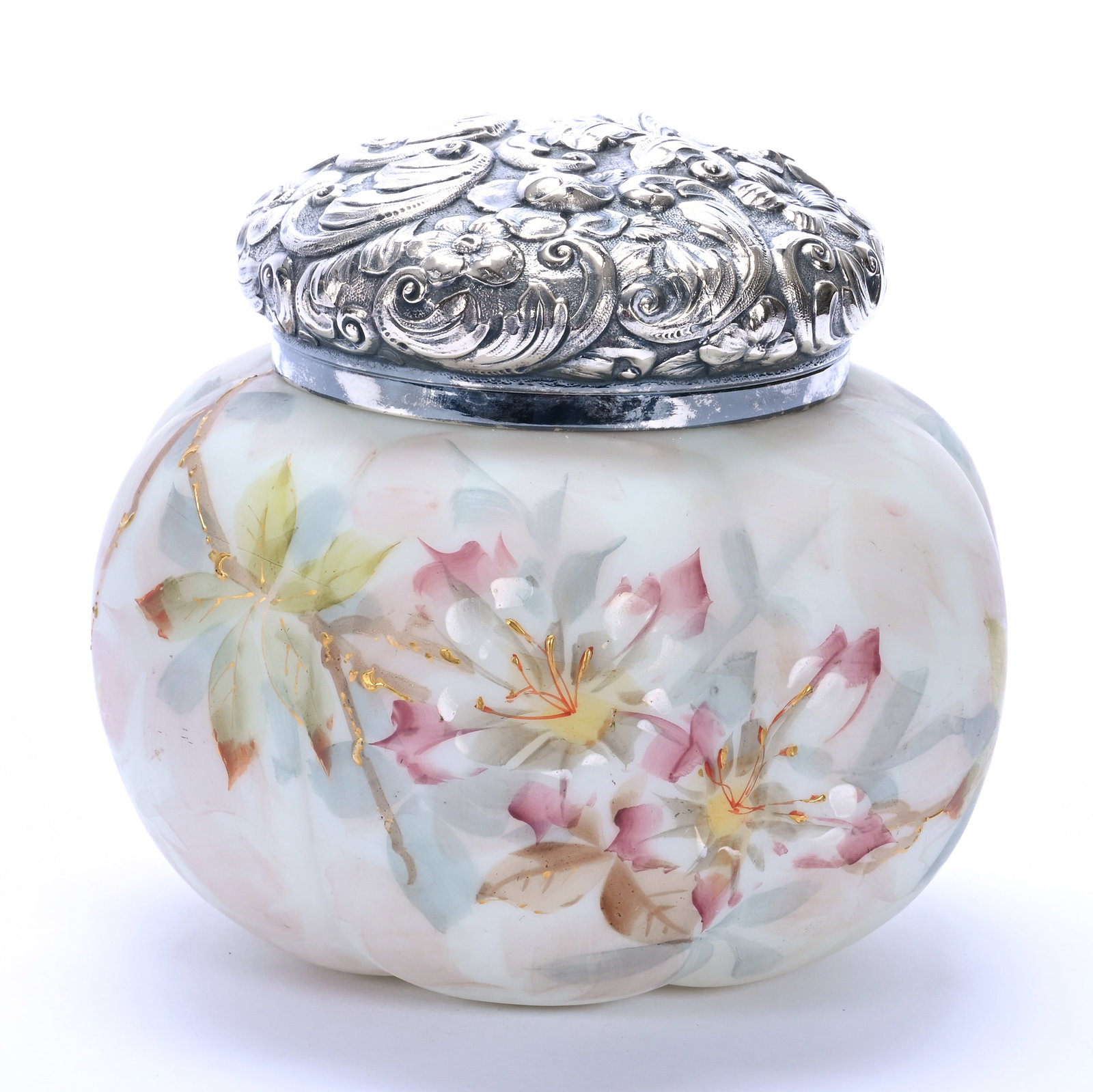Biscuit Jar. Unmarked Mt. Washington, Melon Rib, White With Pink And Blue Mottled Floral Background: Biscuit Jar. Unmarked Mt. Washington, Melon Rib, White With Pink And Blue Mottled Floral Background, 5.75 x 6.25 x 6.25 Inches, Enameled Branch And Blossom Decor, Fancy Embossed Silverplate Lid, 1.6 P