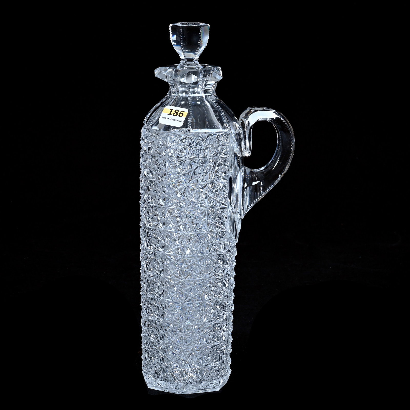 Six Sided Decanter, American Brilliant Cut Glass, Russian Pattern With Star Cut Buttons: Six Sided Decanter, American Brilliant Cut Glass, Russian Pattern With Star Cut Buttons, 12 x 5 x 3.25 Inches, Solid Notched Handle, Original Number Matched Stopper, Ray Cut Base, 2.6 Pounds, John And