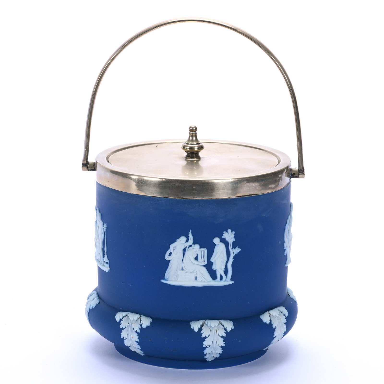Biscuit Jar, Marked Wedgwood Jasperware, Classic Blue And White With Scenic Relief: Biscuit Jar, Marked Wedgwood Jasperware, Classic Blue And White With Scenic Relief, 6 x 5.5 x 5.5 Inches, Silverplate Lid And Bail, 2.3 Pounds, John And Doris Carty Estate Collection, IA, Effective 6/
