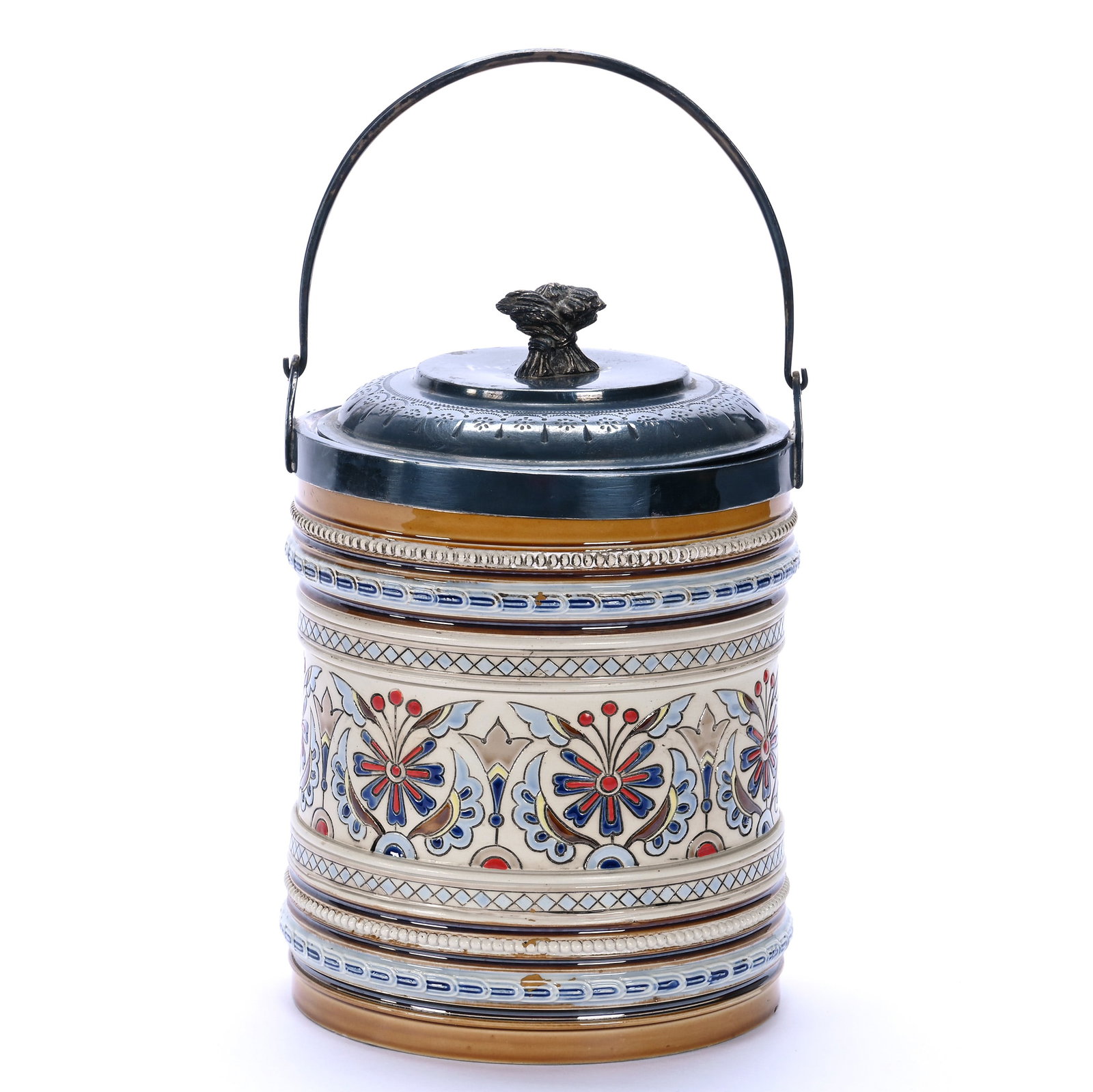 Biscuit Jar, Marked Mettlach #1203: Biscuit Jar, Marked Mettlach #1203, 7.75 x 5.5 x 5.5 Inches, Cream And Brown Tones With Color Floral Design With Silverplate Lid And Bail, 3.1 Pounds, John And Doris Carty Estate Collection, IA, Effec