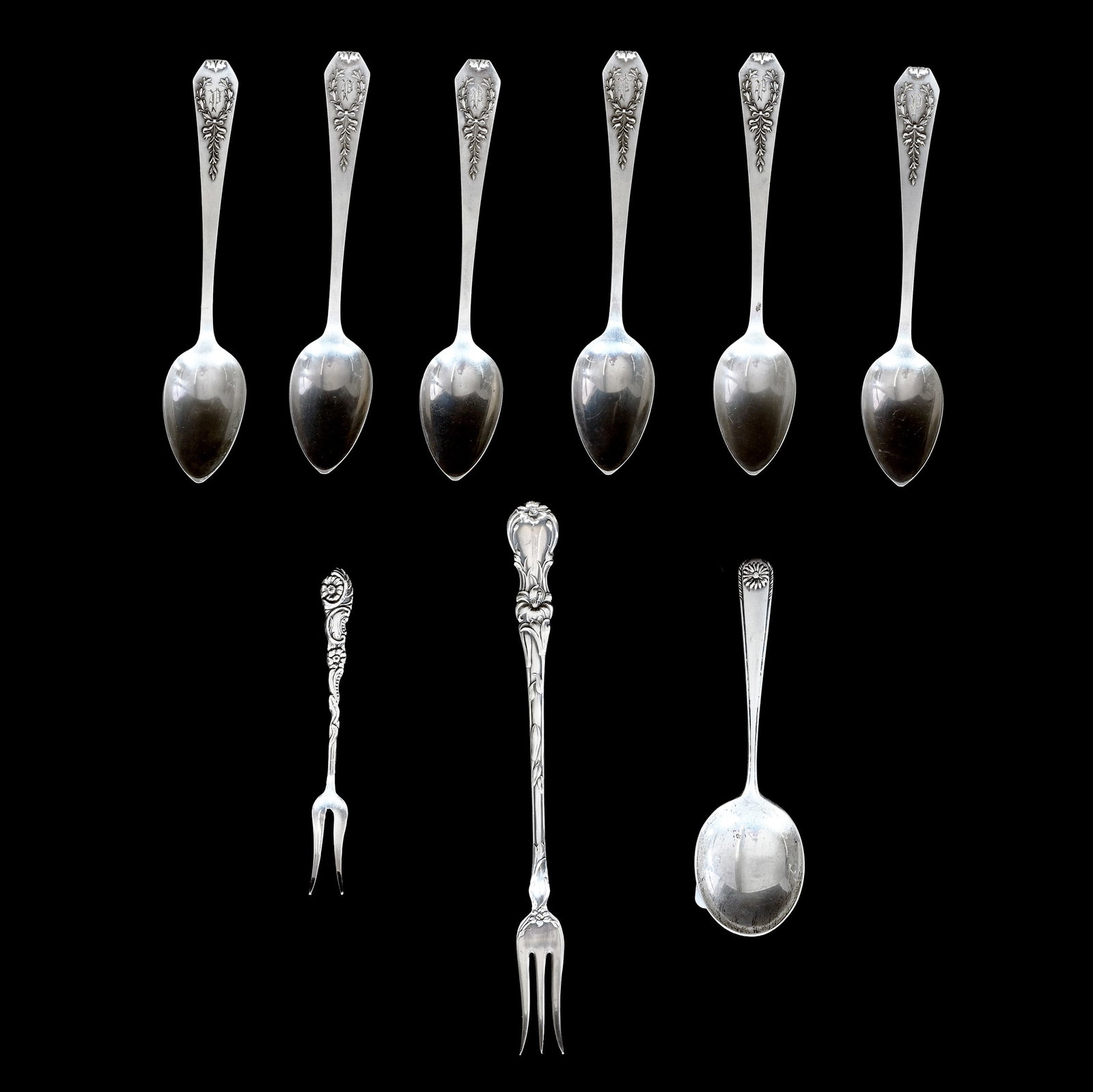 (9) Sterling Spoons And Forks: (9) Sterling Spoons And Forks, 5.25 x 1 x 0.75 Inches, (6) Teaspoons, Marked Whiting, Madame Jumel Pattern, (1) 6.75" Pickle Fork, By Wallace, Lily Pattern, (1) 4.5" Baby Spoon, Attributed To Manchest