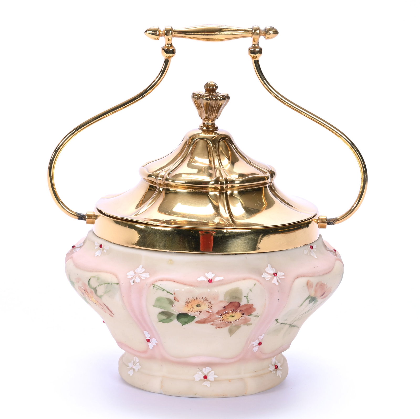 Biscuit Jar, Unmarked Mt. Washington, Burmese Opalware: Biscuit Jar, Unmarked Mt. Washington, Burmese Opalware, 7 x 6.75 x 6.75 Inches, Floral Decor With Red Jewel Highlights, Gilt Silverplate Lid And Bail, 2.1 Pounds, John And Doris Carty Estate