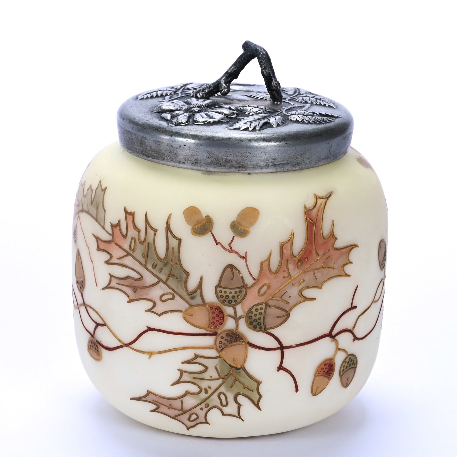 Covered Jar, Unmarked Mt. Washington: Covered Jar, Unmarked Mt. Washington, 5.25 x 4.25 x 4.25 Inches, Yellow Tones With Enamel Acorn Branch Decor, Embossed Silverplate Lid, Gold Stencil Decorated Base, 1 Pounds, John And Doris Carty