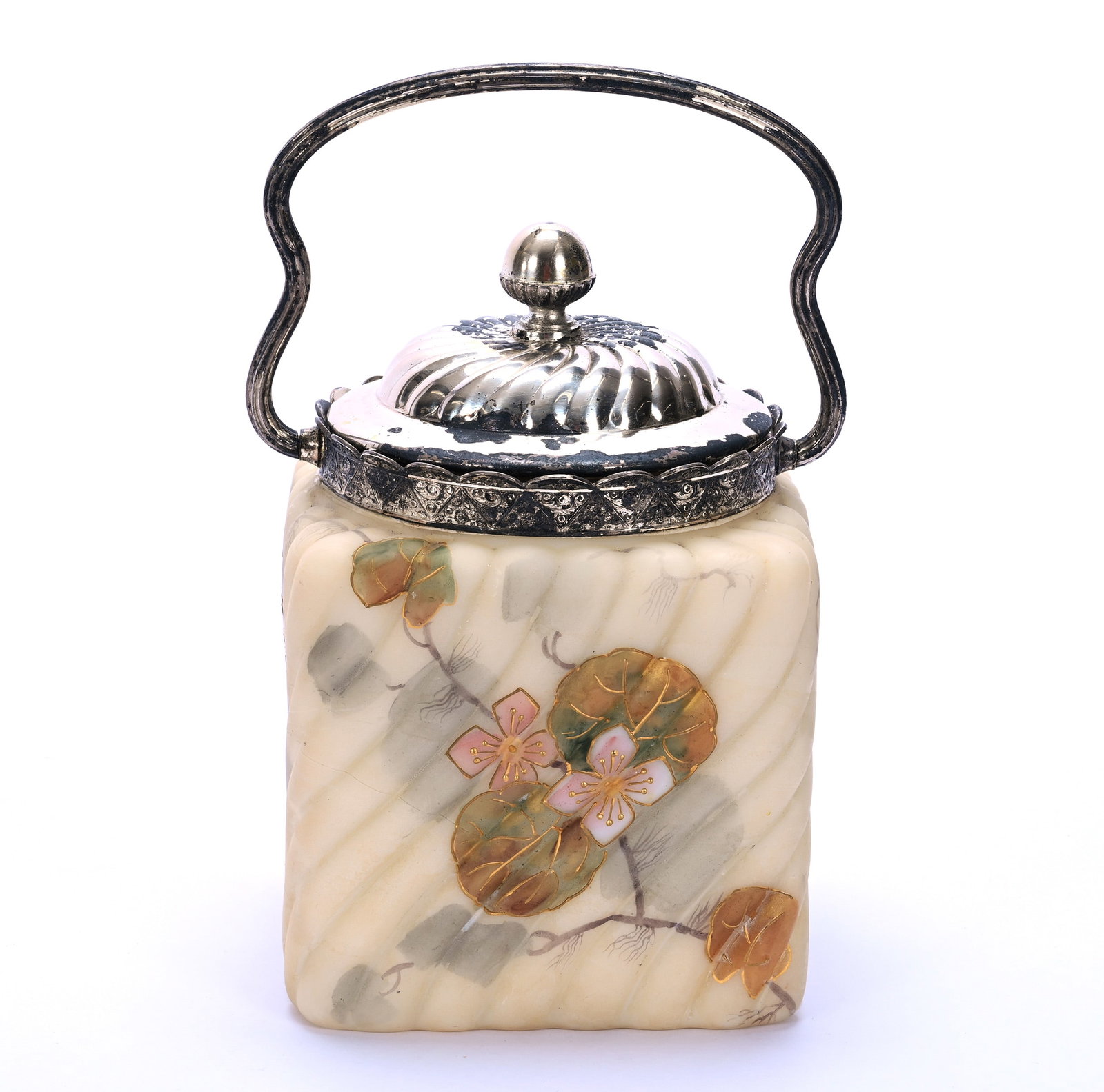 Square Biscuit Jar, Marked Smith Brothers, Swirl Mold: Square Biscuit Jar, Marked Smith Brothers, Swirl Mold, 7 x 4.75 x 4.75 Inches, Cream Background With Vine And Floral Decor, Silverplate Lid And Bail, 2.9 Pounds, John And Doris Carty Estate