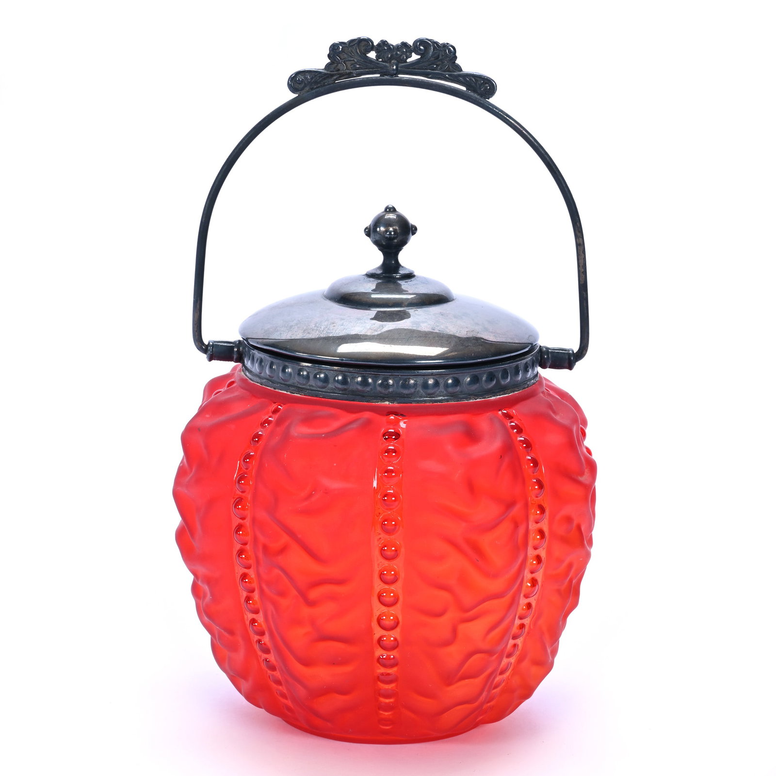 Biscuit Jar, Red Satin Beaded Drape Art Glass By Consolidated: Biscuit Jar, Red Satin Beaded Drape Art Glass By Consolidated, 8 x 6.5 x 6.5 Inches, Silverplate Lid And Bail, 1.7 Pounds, John And Doris Carty Estate Collection, IA, Effective 6/6/26, All