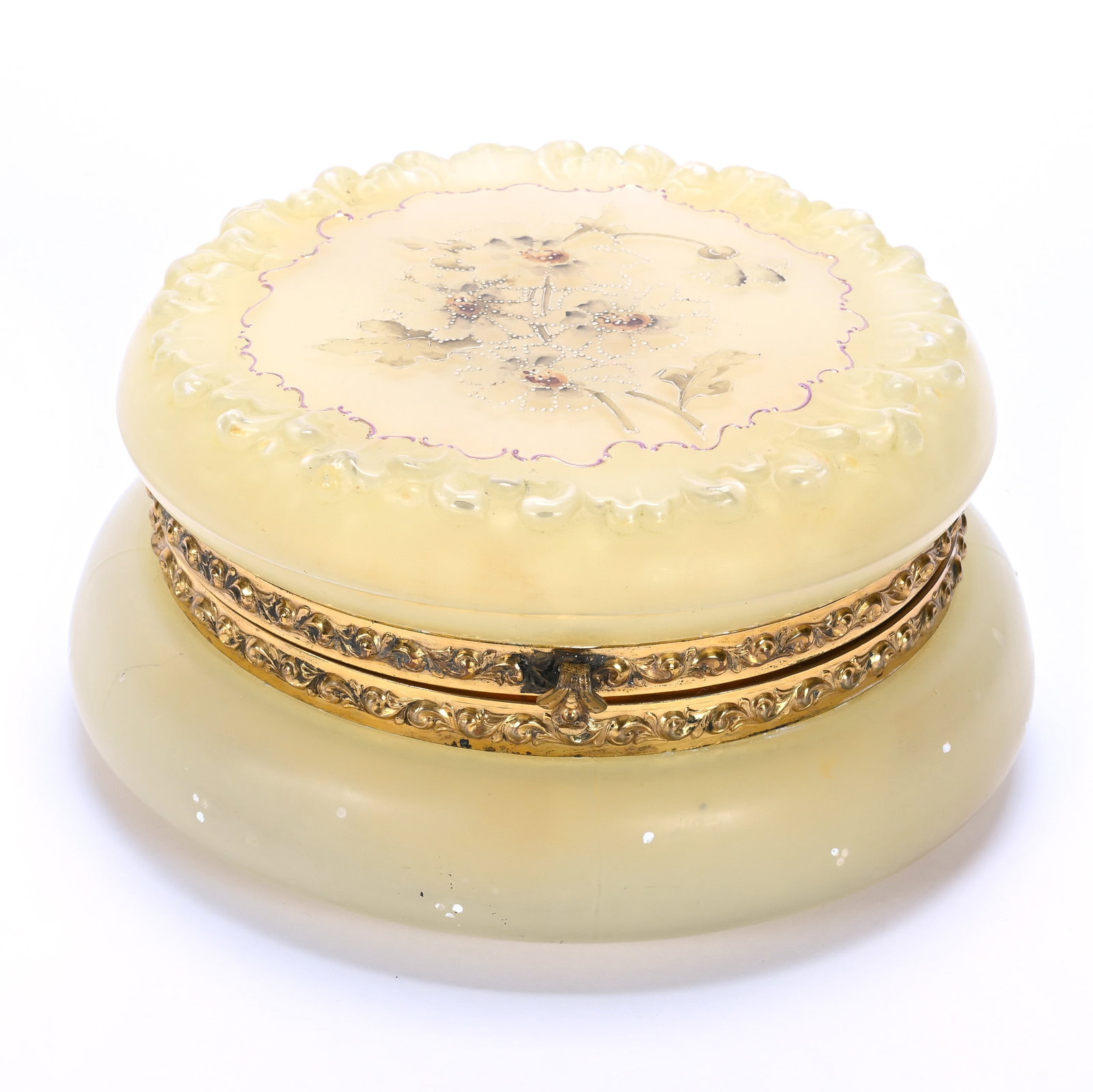 Dresser Box, Wave Crest Stamp Mark: Dresser Box, Wave Crest Stamp Mark, 7.75 x 7.75 x 3.75 Inches, Yellow Crystal Body With Enamel Floral Decor, Replacement Yellow Liner, 2.3 Pounds, John And Doris Carty Estate Collection, IA,
