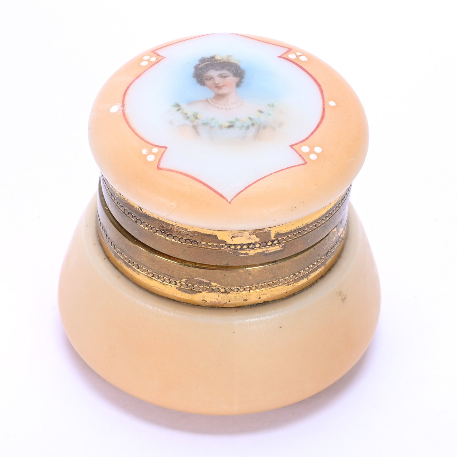 Ring Box, Marked Nakara: Ring Box, Marked Nakara, 2.5 x 2.5 x 2.25 Inches, Orange Tones With Portrait Of Young Woman, Original Lining, 0.3 Pounds, John And Doris Carty Estate Collection, IA, Effective 6/6/26, All