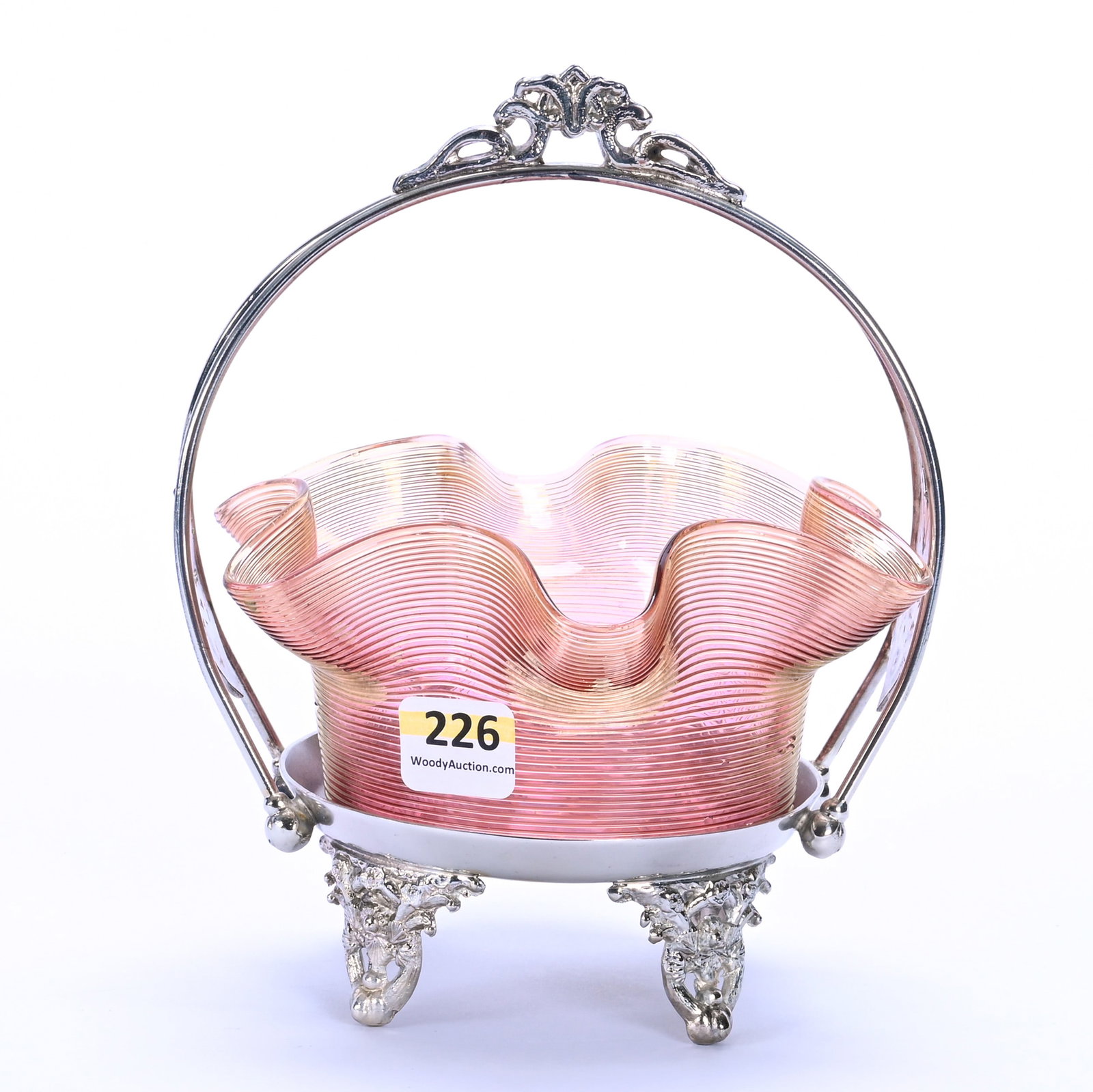 Fingerbowl Set On Silverplate Stand: Fingerbowl Set On Silverplate Stand, 6.5 x 5.5 x 5.5 Inches, Cranberry Art Glass With Applied Yellow Threading Set On Babcock #804 Silverplate Frame, 1 Pound, John And Doris Carty Estate Collection,