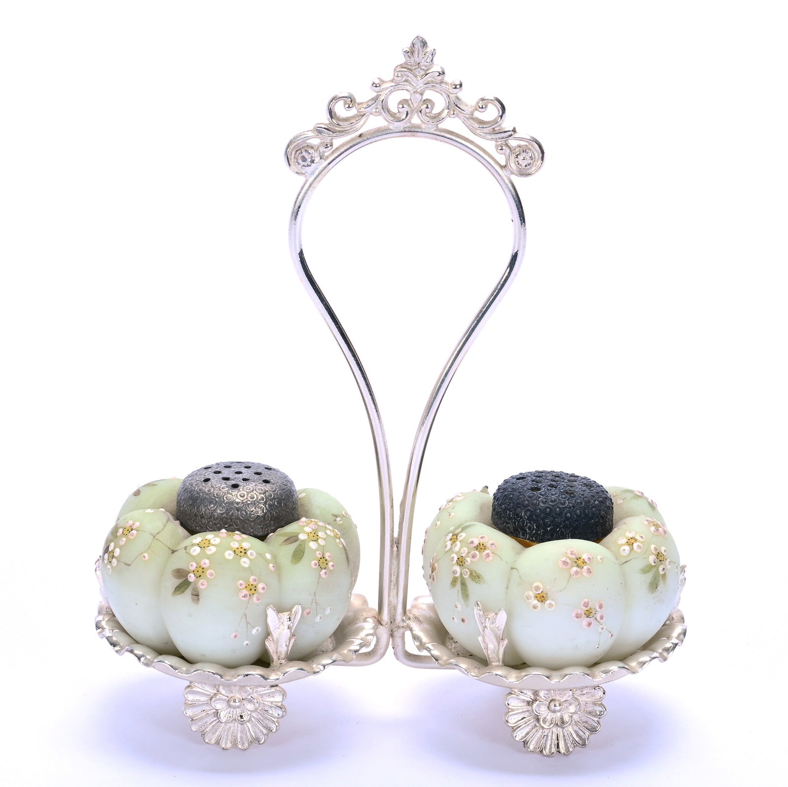 Condiment Set, Unmarked Mt. Washington, Tomato Shaped Salt And Pepper Shakers: Condiment Set, Unmarked Mt. Washington, Tomato Shaped Salt And Pepper Shakers, 6.75 x 5.5 x 2.75 Inches, Green And White Tones With Enamel Floral Decor Set On Aurora #375 Silverplate Frame, 0.8