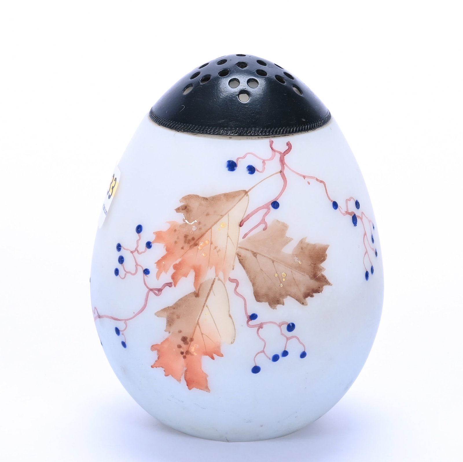 Sugar Shaker, Unmarked Mt. Washington, Egg Shaped: Sugar Shaker, Unmarked Mt. Washington, Egg Shaped, 4.25 x 3.25 x 3.25 Inches, Blue And White Tones With Branch, Leaf, And Berry Decor, 0.5 Pounds, John And Doris Carty Estate Collection, IA,