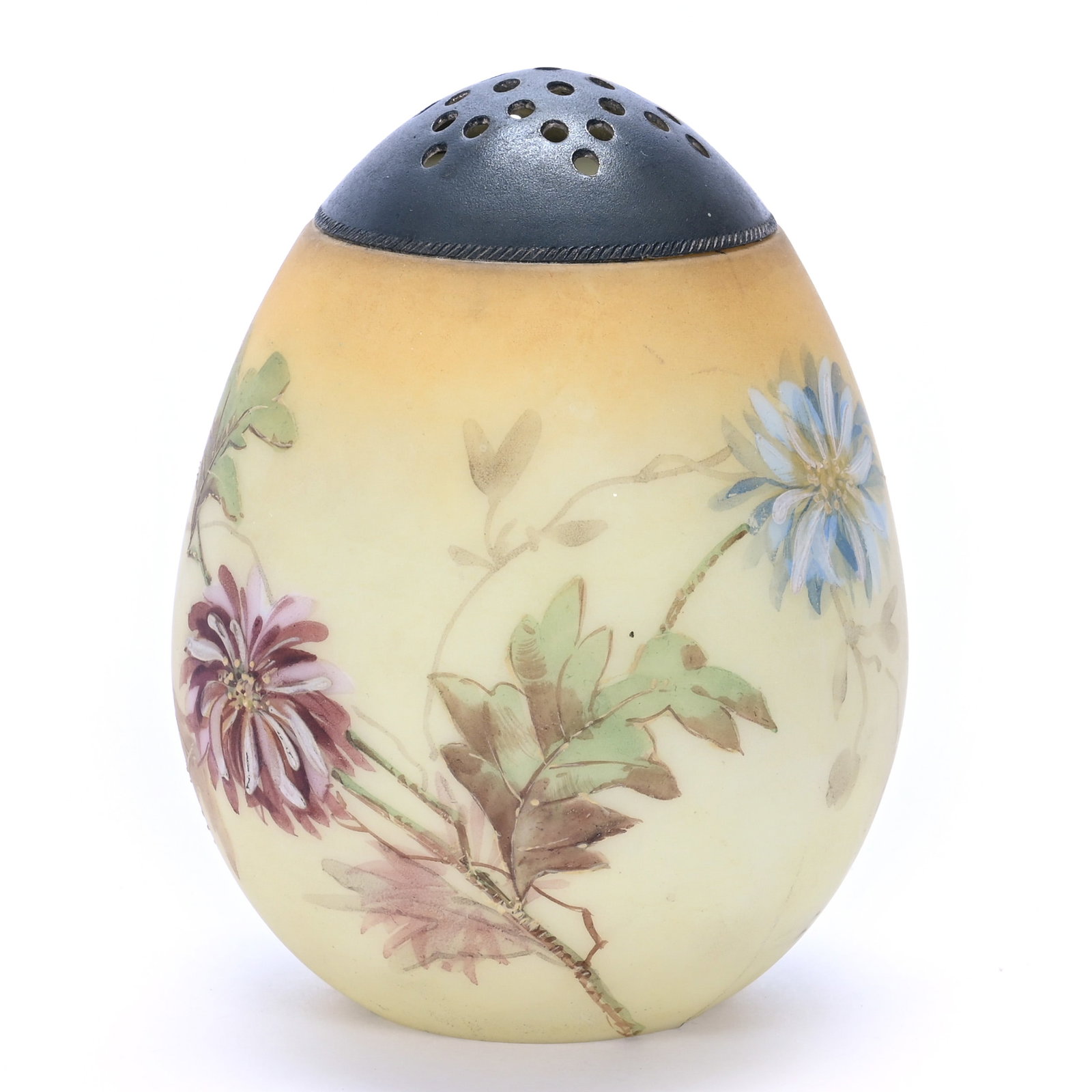 Sugar Shaker, Unmarked Mt. Washington, Egg Shaped: Sugar Shaker, Unmarked Mt. Washington, Egg Shaped, 4.25 x 3.25 x 3.25 Inches, Burmese Opalware With Floral Decor, 0.5 Pounds, John And Doris Carty Estate Collection, IA, Effective 6/6/26, All