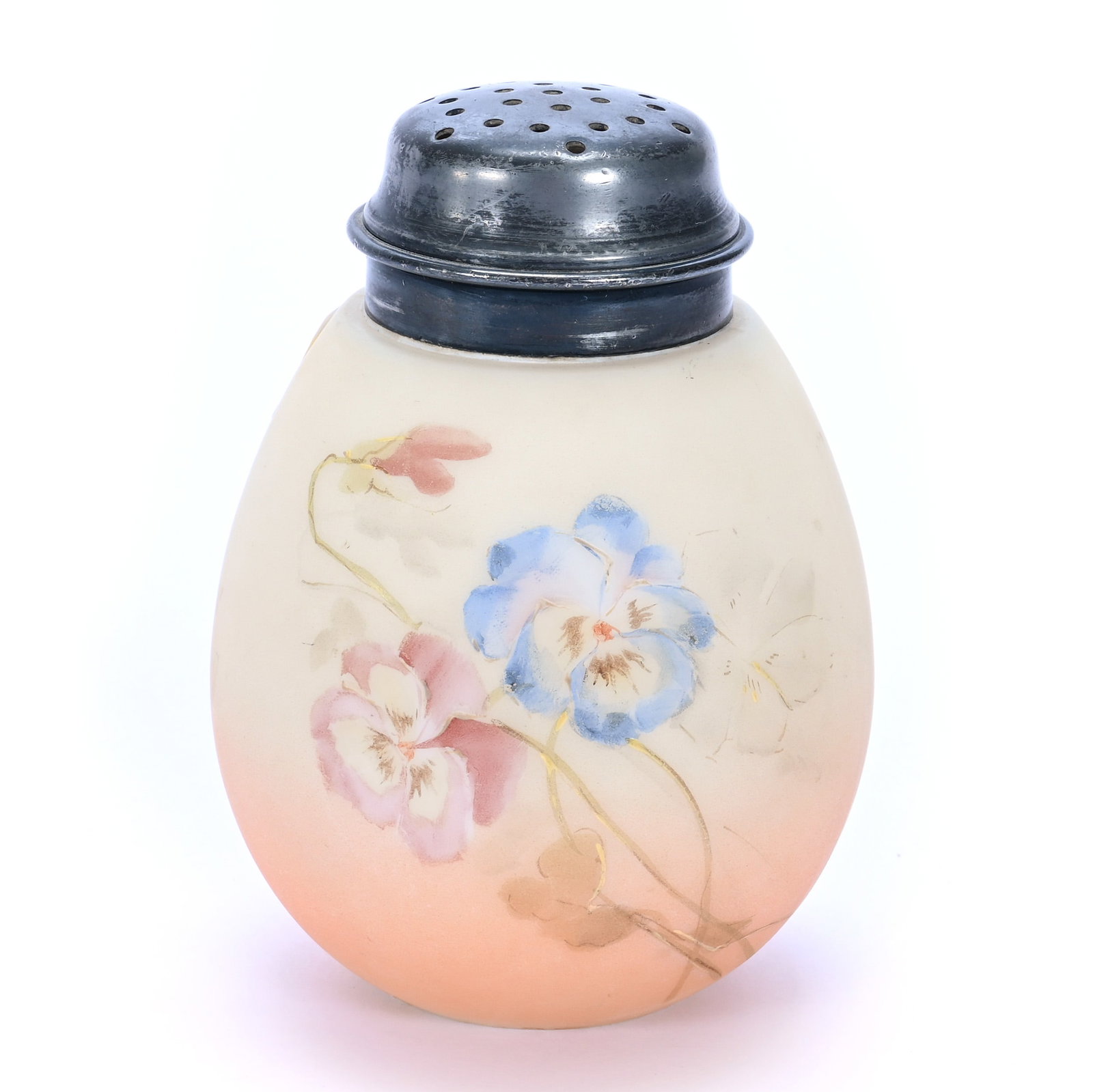 Sugar Shaker, Unmarked Mt. Washington, Burmese Opalware: Sugar Shaker, Unmarked Mt. Washington, Burmese Opalware, 4.75 x 3.25 x 3.25 Inches, Pansy Decor, 0.6 Pounds, John And Doris Carty Estate Collection, IA, Effective 6/6/26, All LiveAuctioneers Invoices