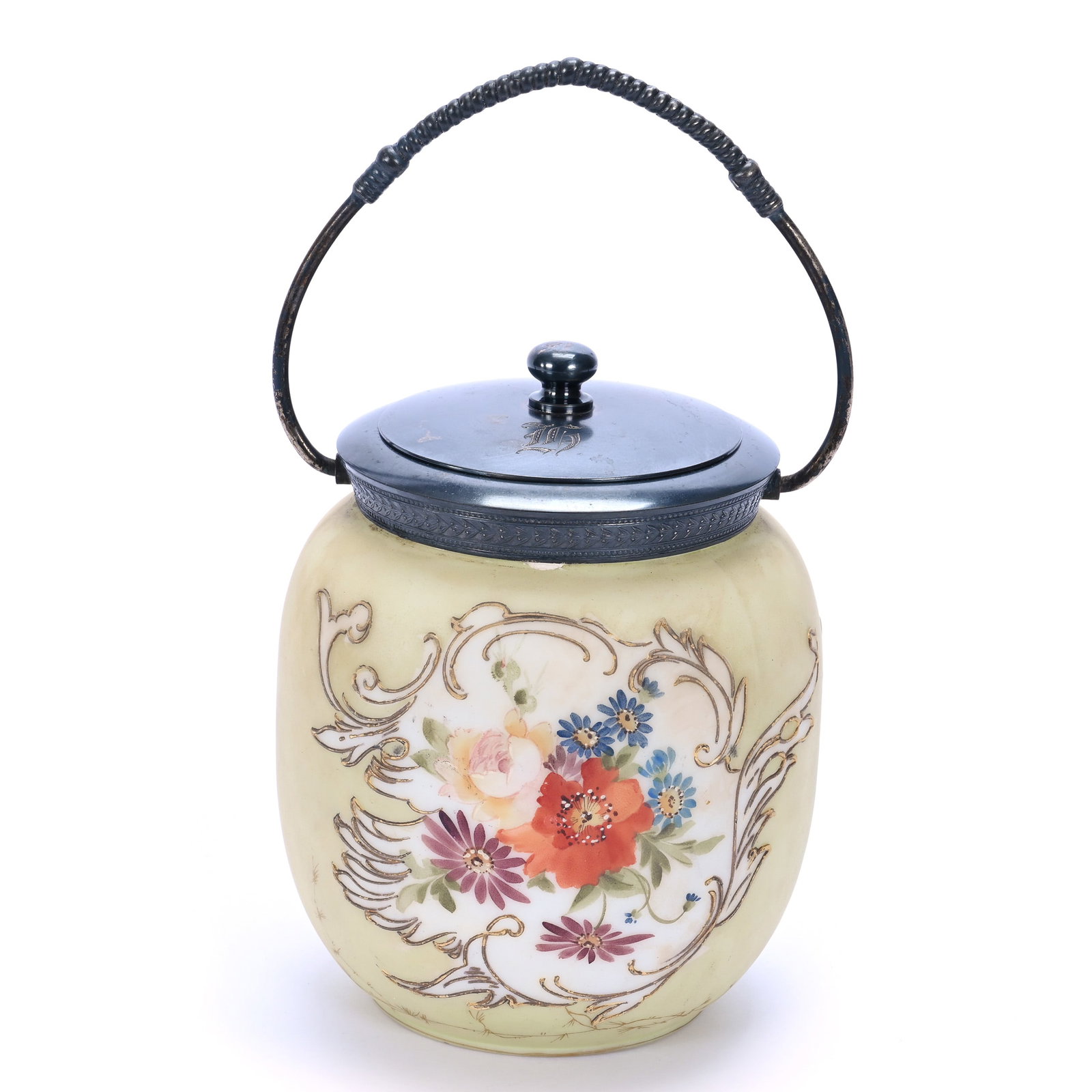 Biscuit Jar, Unmarked Mt. Washington: Biscuit Jar, Unmarked Mt. Washington, 6.75 x 5 x 5 Inches, Green And White Opalware With Wild Floral Decor, Silverplate Lid And Bail, 1.7 Pounds, John And Doris Carty Estate Collection, IA, Effective