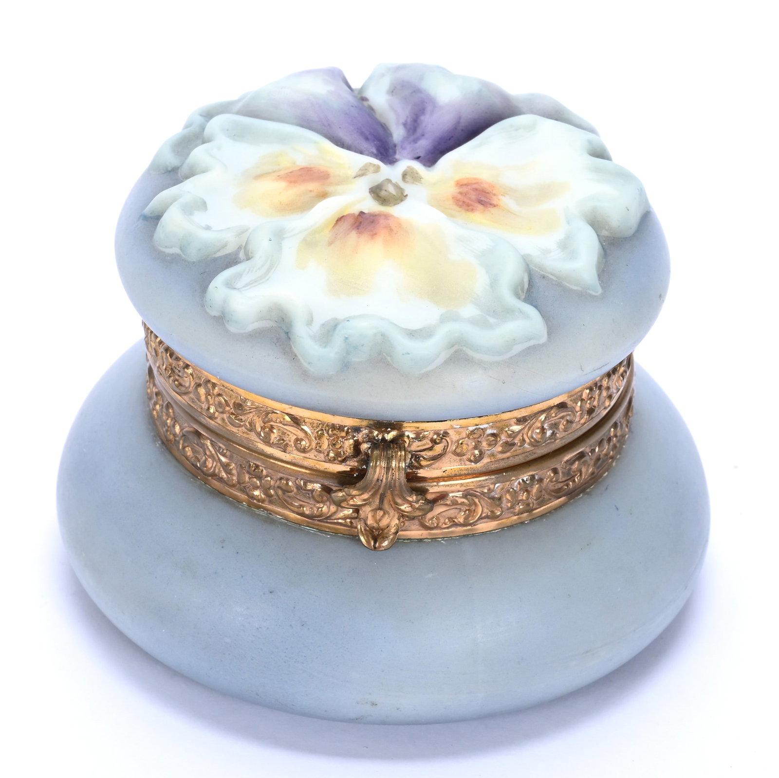 Jewel Box, Marked Nakara, Pansy Mold: Jewel Box, Marked Nakara, Pansy Mold, 3.75 x 3.75 x 2.75 Inches, Blue Tones With Embossed Pansy Decor On Lid, 0.7 Pounds, John And Doris Carty Estate Collection, IA, Effective 6/6/26, All LiveAuctione