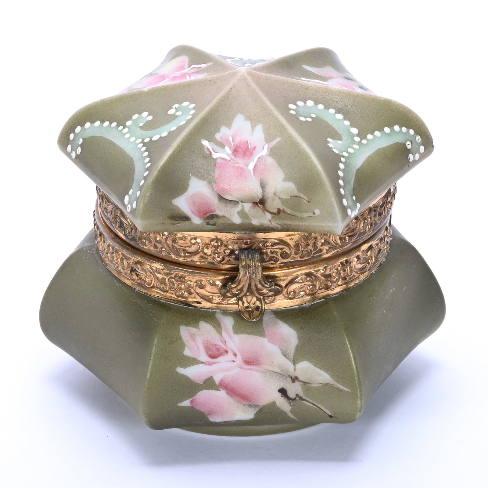 Six-Sided Jewel Box, Marked Nakara: Six-Sided Jewel Box, Marked Nakara, 3.5 x 3.5 x 3 Inches, Green Tones With Pink Rose Decor, Beaded White Enamel Highlights, 0.8 Pounds, John And Doris Carty Estate Collection, IA, Effective 6/6/26, Al