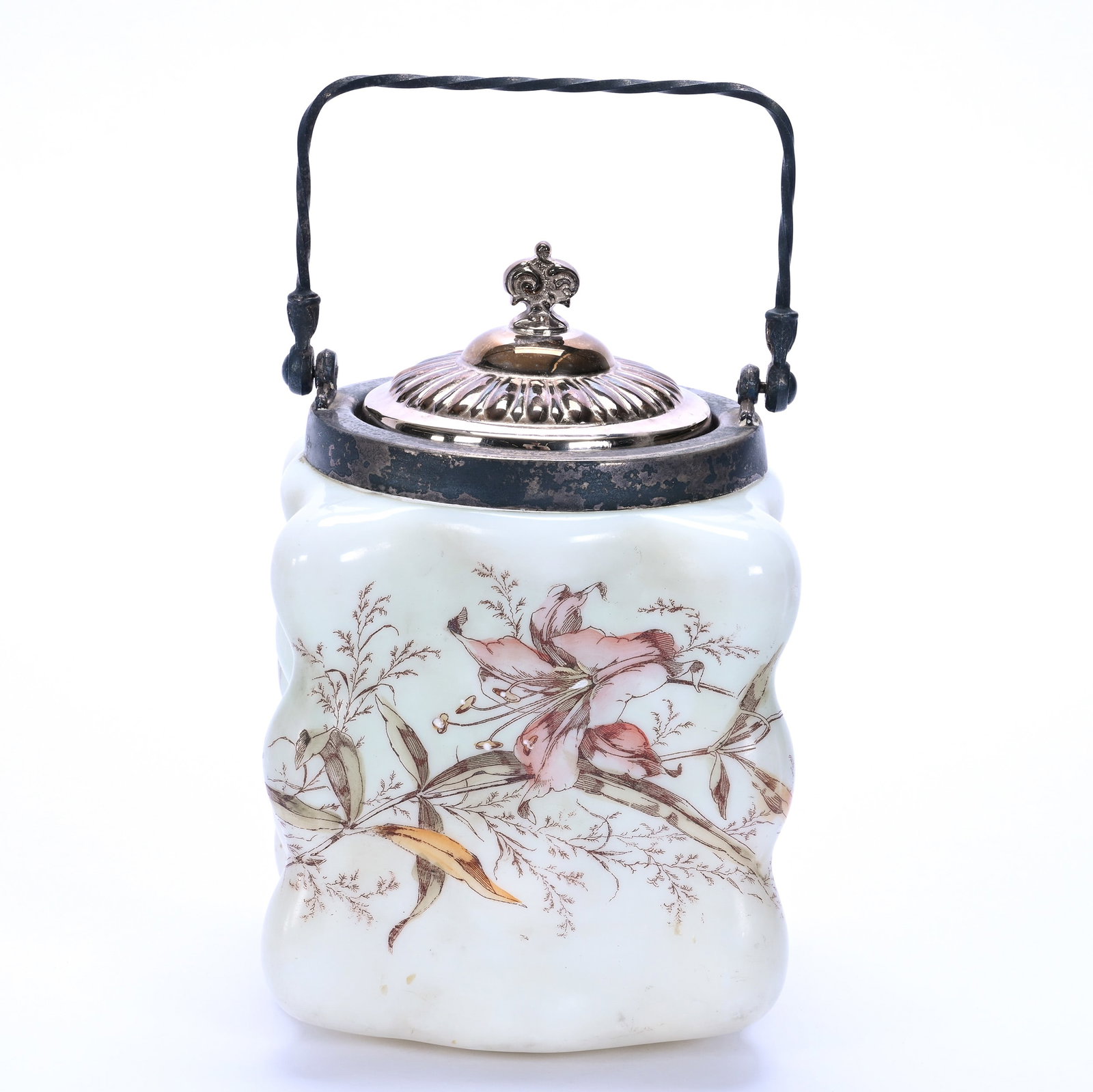 Biscuit Jar, Unmarked Wave Crest, Egg Crate Mold: Biscuit Jar, Unmarked Wave Crest, Egg Crate Mold, 7.75 x 5 x 5 Inches, Blue And White With Pink Floral Decor, Silverplate Lid And Bail, 2.2 Pounds, John And Doris Carty Estate Collection, IA, Effectiv