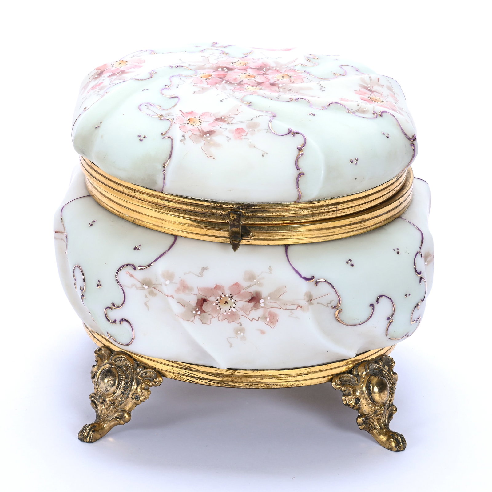 Dresser Box, Unmarked Waver Crest, Swirl Mold: Dresser Box, Unmarked Waver Crest, Swirl Mold, 7 x 7 x 6.25 Inches, Green And White Opalware With Pink Floral Decor, Gilt Metal Base, 3 Pounds, John And Doris Carty Estate Collection, IA, Effective 6/