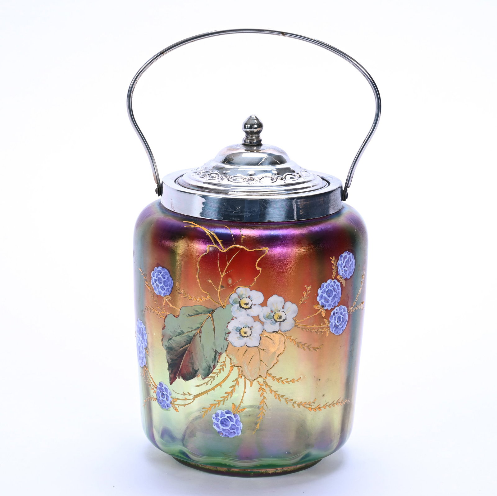 Biscuit Jar, Unmarked Iridescent Art Glass Attributed To Rindskopf: Biscuit Jar, Unmarked Iridescent Art Glass Attributed To Rindskopf, 8 x 5.25 x 5.25 Inches, Enamel Leaf, Blossom, And Berry Decor, Silverplate Lid And Bail, 1.7 Pounds, John And Doris Carty Estate Col