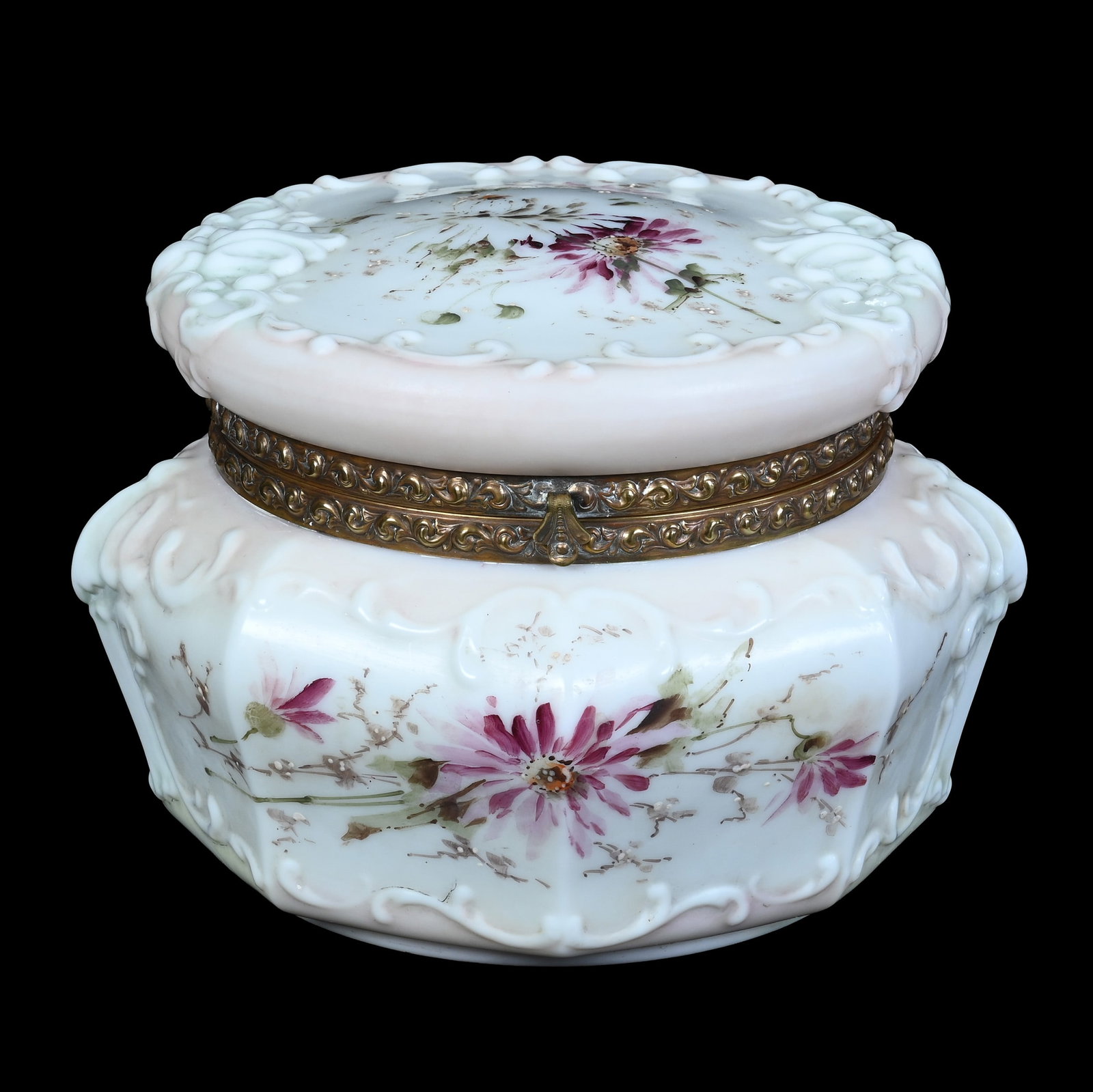 Eight-Sided Dresser Box, Wave Crest Stamp Mark, Fancy Scroll Mold: Eight-Sided Dresser Box, Wave Crest Stamp Mark, Fancy Scroll Mold, 8 x 8 x 6.5 Inches, Pink, Blue, And White Opalware With Floral Decor, 3.6 Pounds, John And Doris Carty Estate Collection, IA,