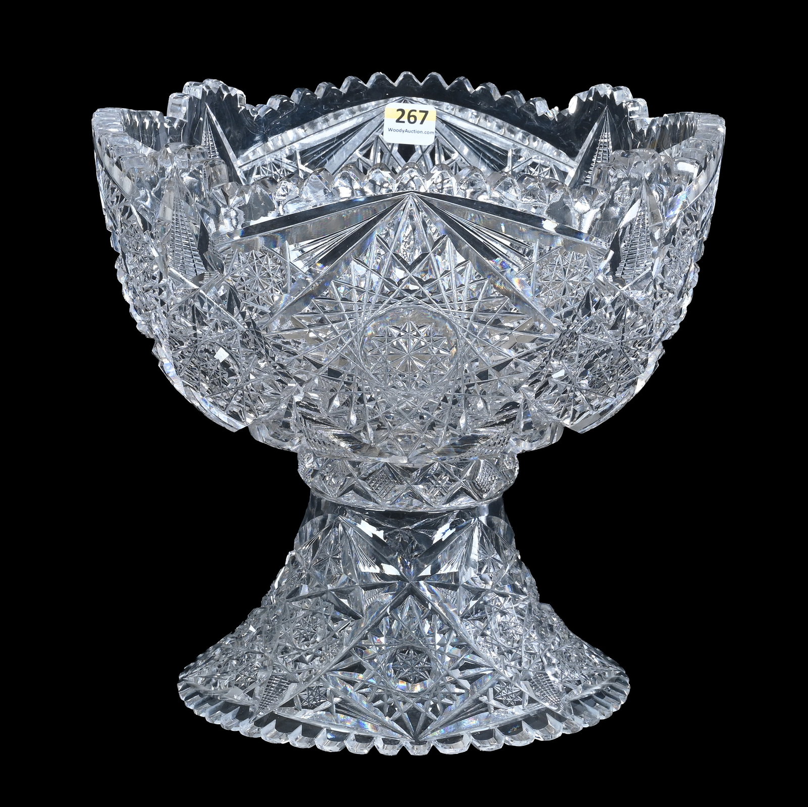 Two Part Punch Bowl, American Brilliant Cut Glass: Two Part Punch Bowl, American Brilliant Cut Glass, 9.5 x 10 x 10 Inches, Four Alternating Sections Of Hobstar, Miter, Star, And Fan Motif, 9.9 Pounds, John And Doris Carty Estate Collection, IA,