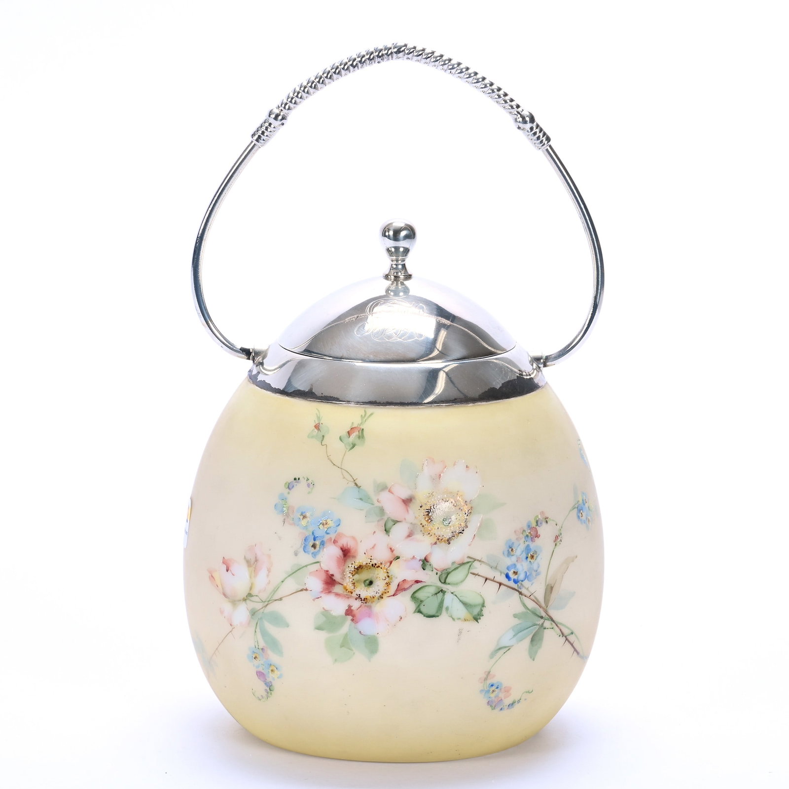 Biscuit Jar, Unmarked Mt. Washington, Egg Shaped Yellow Opalware: Biscuit Jar, Unmarked Mt. Washington, Egg Shaped Yellow Opalware, 7.25 x 5.5 x 5.5 Inches, Floral Decor Silverplate Lid And Bail, Significant Hole In Base, 1.7 Pounds, John And Doris Carty Estate