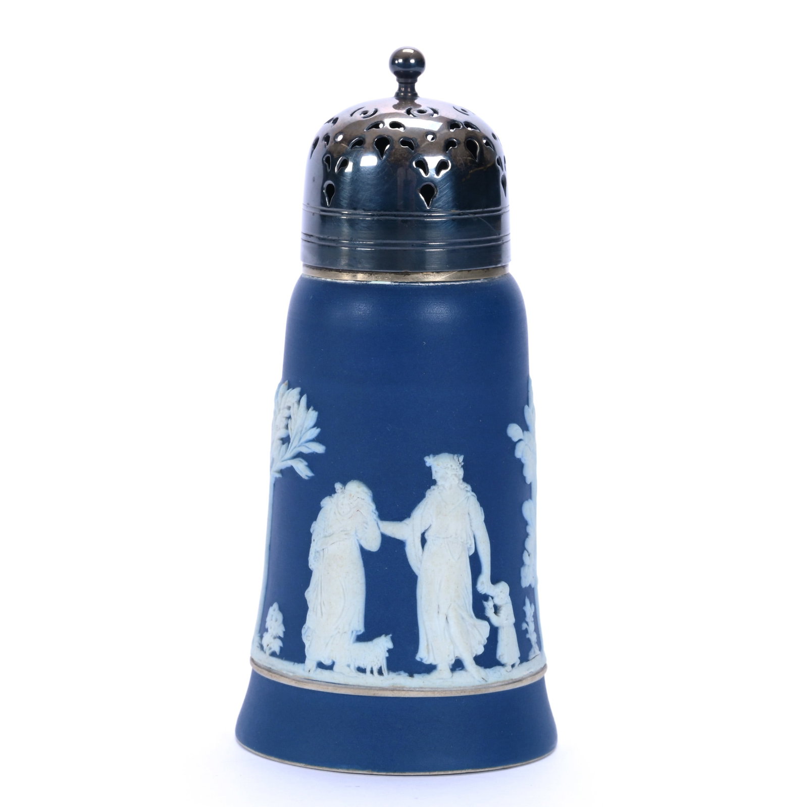 Sugar Shaker, Marked Wedgwood England Jasperware: Sugar Shaker, Marked Wedgwood England Jasperware, 6 x 2.75 x 2.75 Inches, Classic Blue And White With Scenic Relief, Silverplate Top, 0.5 Pounds, John And Doris Carty Estate Collection, IA, Effective
