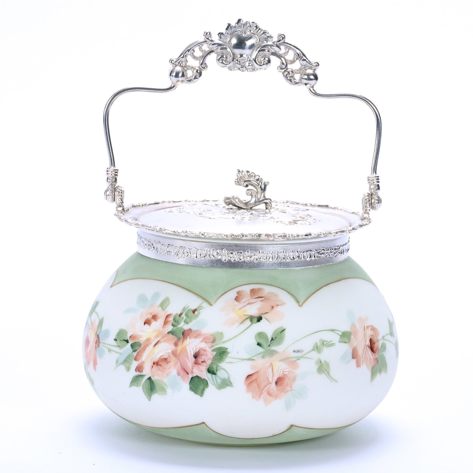 Biscuit Jar, Unmarked Mt. Washington: Biscuit Jar, Unmarked Mt. Washington, 6 x 6.75 x 6.75 Inches, Green And White Opalware With Pink Rose Decor, Silverplate Lid And Bail, 2 Pounds, John And Doris Carty Estate Collection, IA, Effective