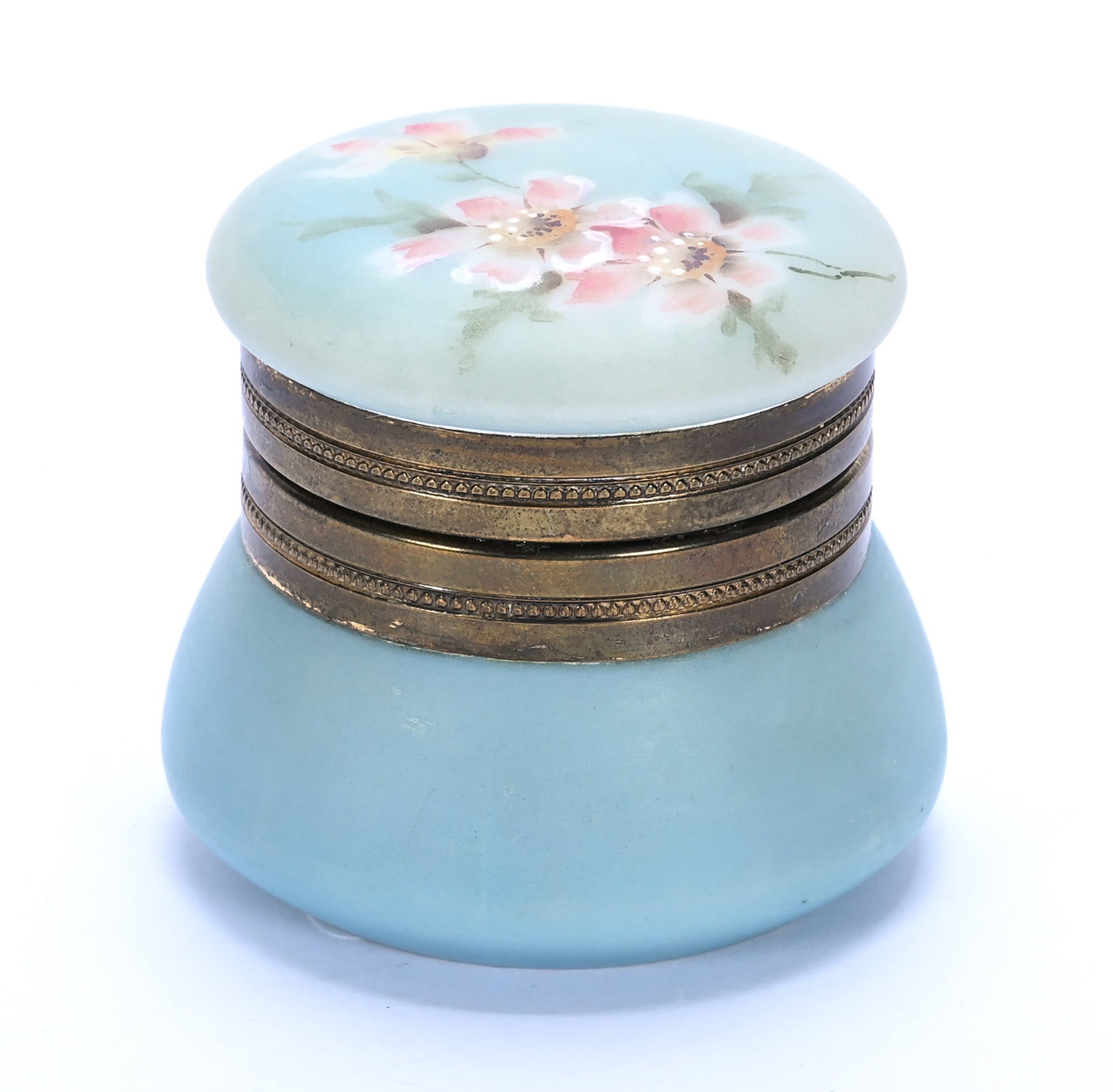 Ring Box, Marked Nakara: Ring Box, Marked Nakara, 2.5 x 2.5 x 2.25 Inches, Blue Tones With Pink Floral Decor, 0.3 Pounds, John And Doris Carty Estate Collection, IA, Effective 6/6/26, All LiveAuctioneers Invoices Must Be