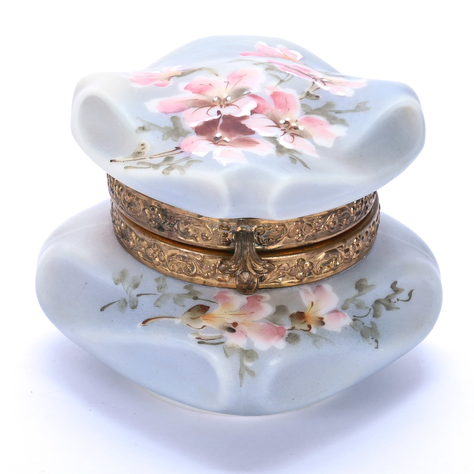 Jewel Box, Marked Nakara, Bishop's Hat Mold: Jewel Box, Marked Nakara, Bishop's Hat Mold, 4.25 x 4.25 x 3.25 Inches, Blue And Yellow Tones With Pink Floral Decor, 0.8 Pounds, John And Doris Carty Estate Collection, IA, Effective 6/6/26, All
