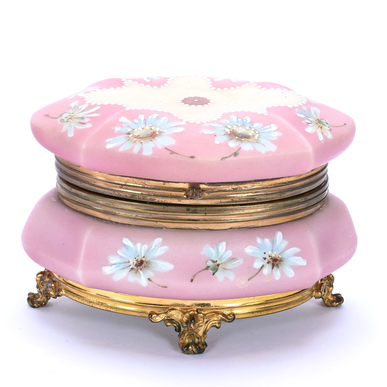 Oval Jewel Box, Marked Nakara: Oval Jewel Box, Marked Nakara, 5.25 x 3.5 x 3.5 Inches, Pink And Cream Tones With Blue Floral Decor And Beaded White Enamel Highlights, Missing Clasp, 1.3 Pounds, John And Doris Carty Estate Collectio