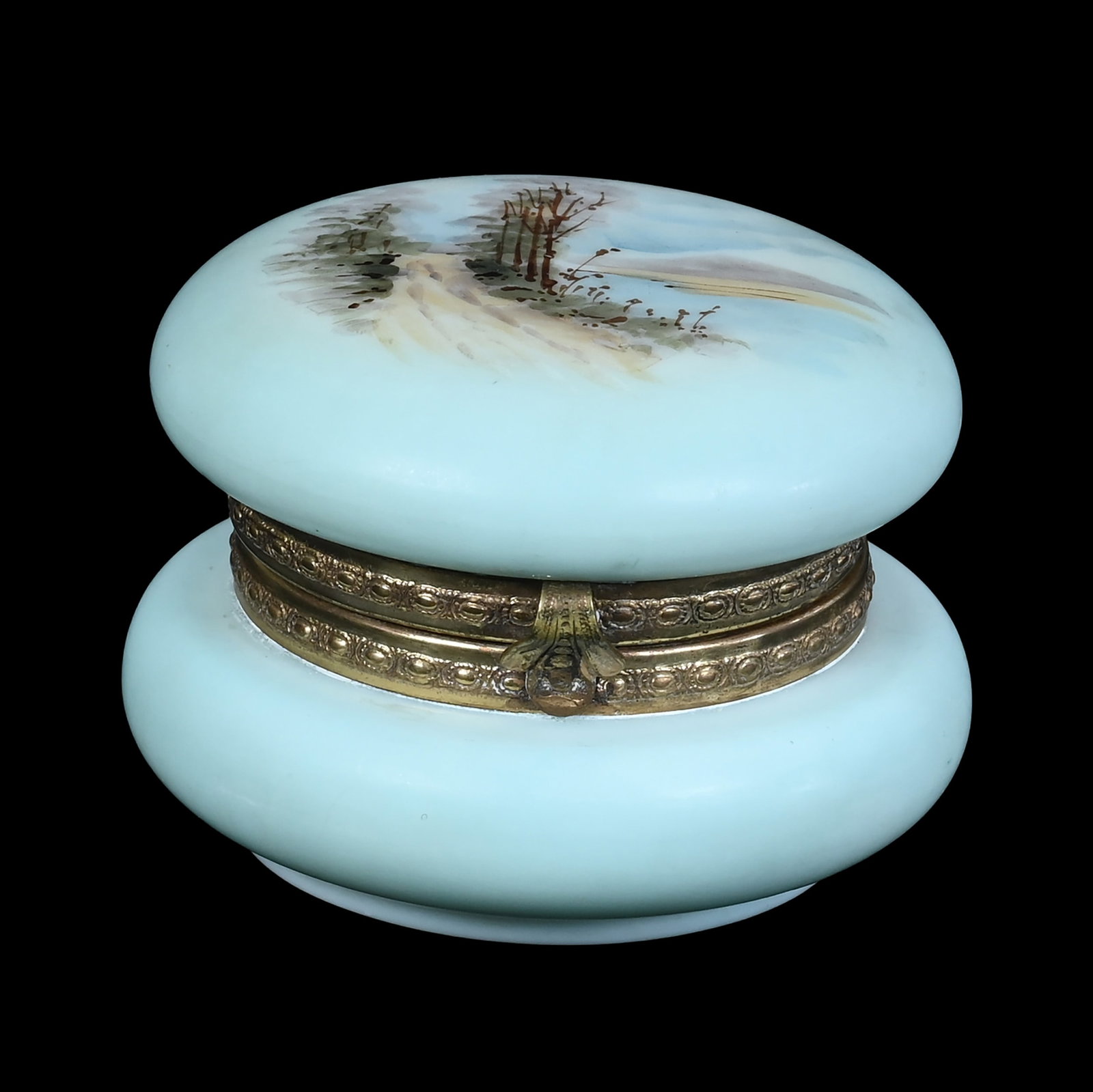 Jewel Box, Marked Wave Crest Stamp Mark: Jewel Box, Marked Wave Crest Stamp Mark, 3.5 x 3.5 x 2.5 Inches, Green Opalware With Country Path Scenic Decor, 0.5 Pounds, John And Doris Carty Estate Collection, IA, Effective 6/6/26, All LiveAuctio