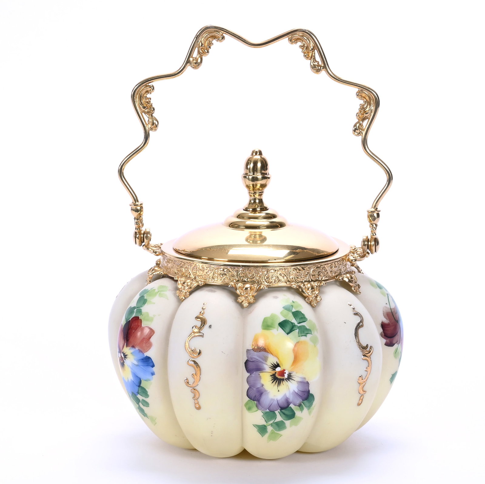 Biscuit Jar, Unmarked Mt. Washington, Melon Ribbed: Biscuit Jar, Unmarked Mt. Washington, Melon Ribbed, 6.75 x 6.75 x 6.75 Inches, Yellow And White Opalware With Colorful Floral Decor, Gilt Silverplate Lid And Bail, 2.1 Pounds, John And Doris Carty Est