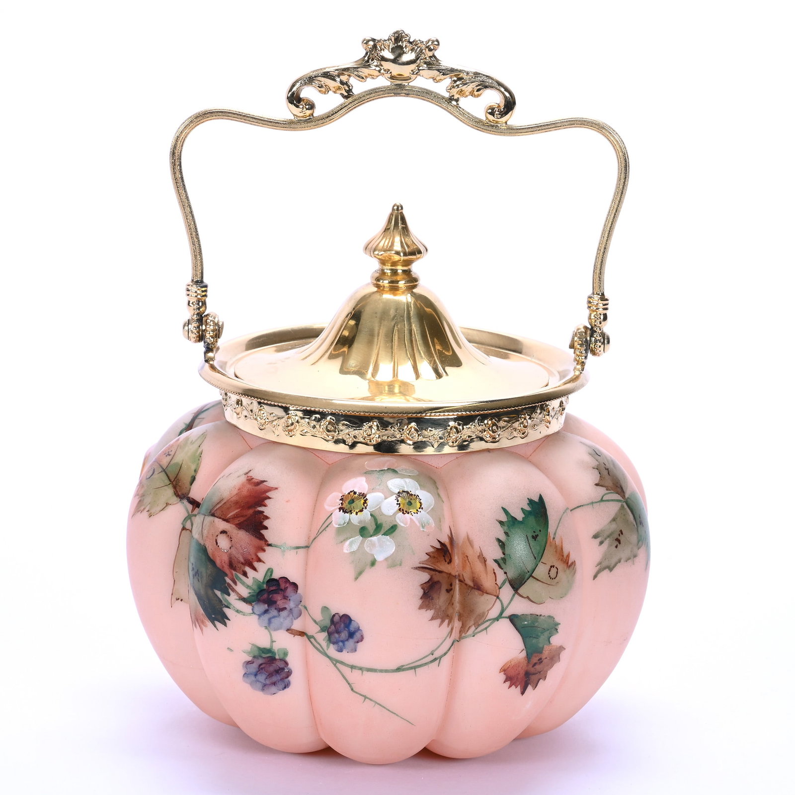 Biscuit Jar, Unmarked Mt. Washington, Melon Ribbed: Biscuit Jar, Unmarked Mt. Washington, Melon Ribbed, 6.75 x 6.75 x 6.75 Inches, Pink Opalware With Branch, Berry, And Blossom Decor, Gilt Silverplate Lid And Bail, 2.2 Pounds, John And Doris Carty Esta